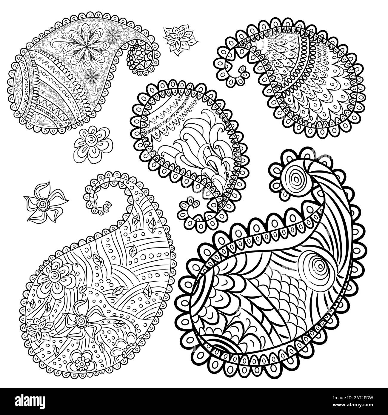 Cinq éléments cachemire uniques dans le style des graphiques de contour, des contours sans ombrage, des objets sur un arrière-plan coloré. Illustration de Vecteur