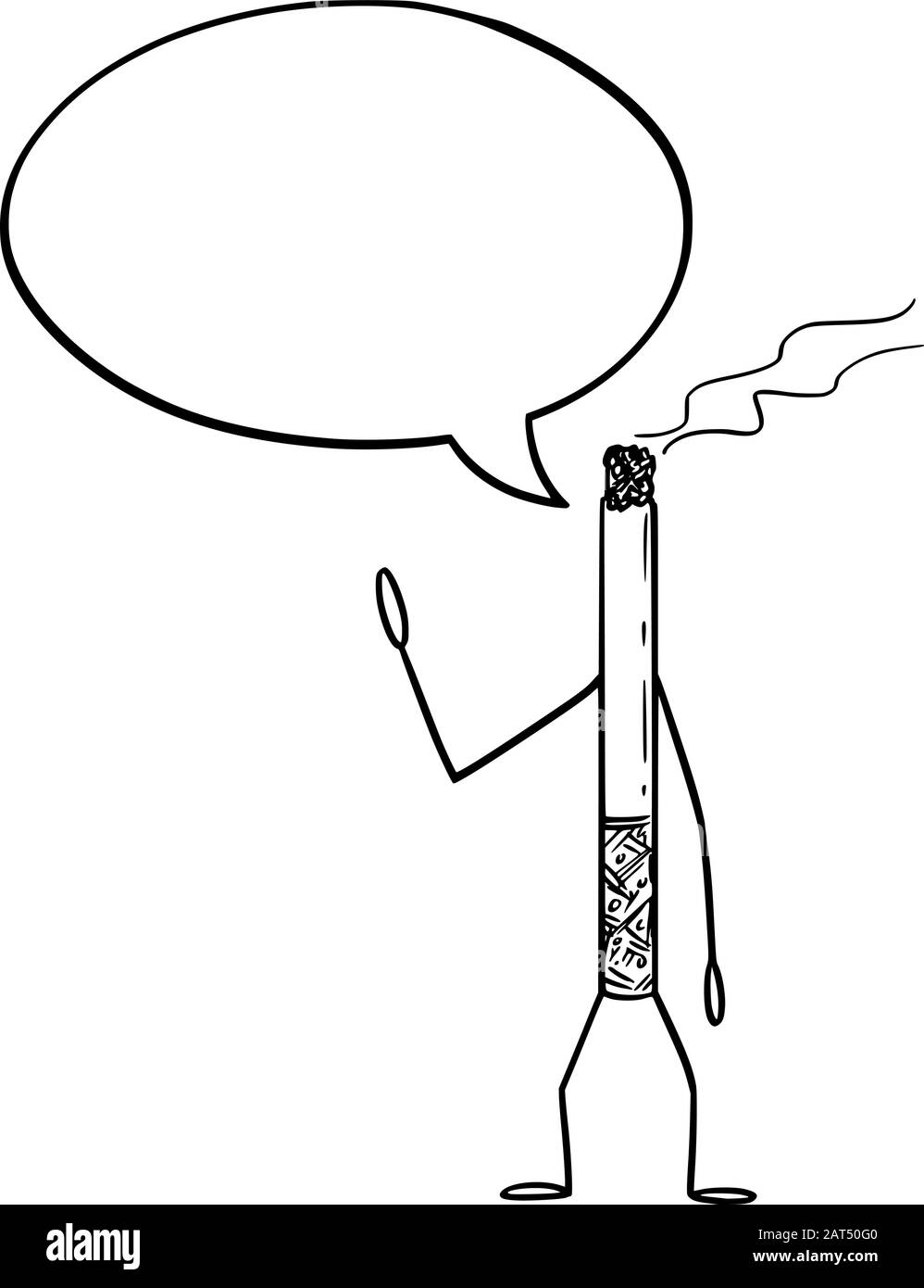Illustration vectorielle du caractère de cigarette de dessin animé avec bulle vocale. Publicité ou conception marketing en matière de santé ou de toxicomanie. Illustration de Vecteur