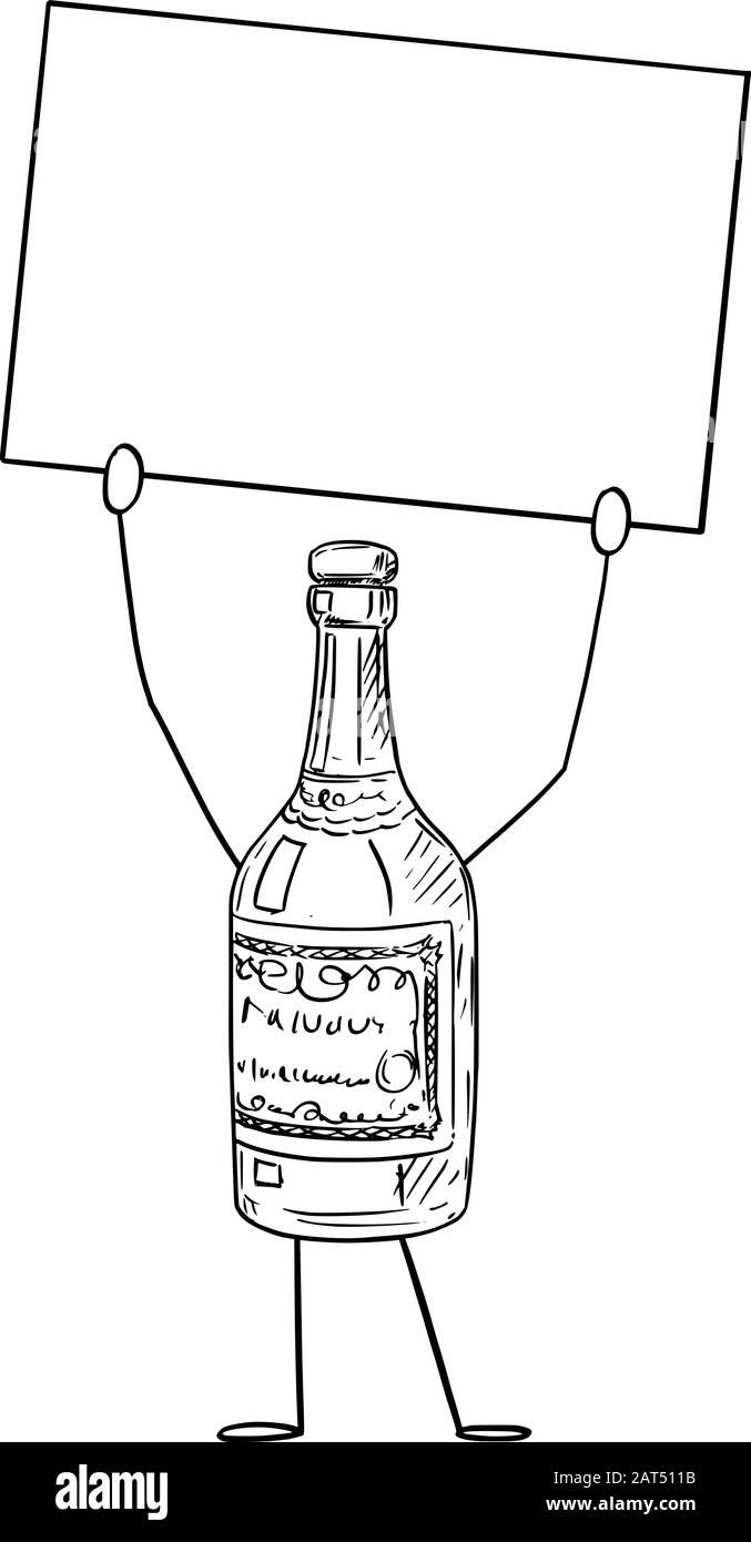 Illustration vectorielle de la bouteille de liqueur de dessin animé caractère tenant le signe vide dans la main.Publicité ou marketing design. Illustration de Vecteur