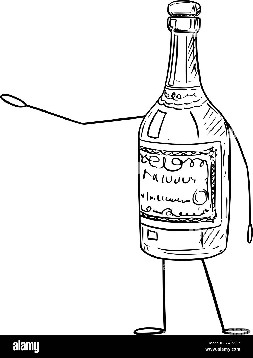 Illustration vectorielle du caractère de bouteille de liqueur de dessin animé montrant ou pointant vers quelque chose à la main.Publicité ou design de marketing. Illustration de Vecteur