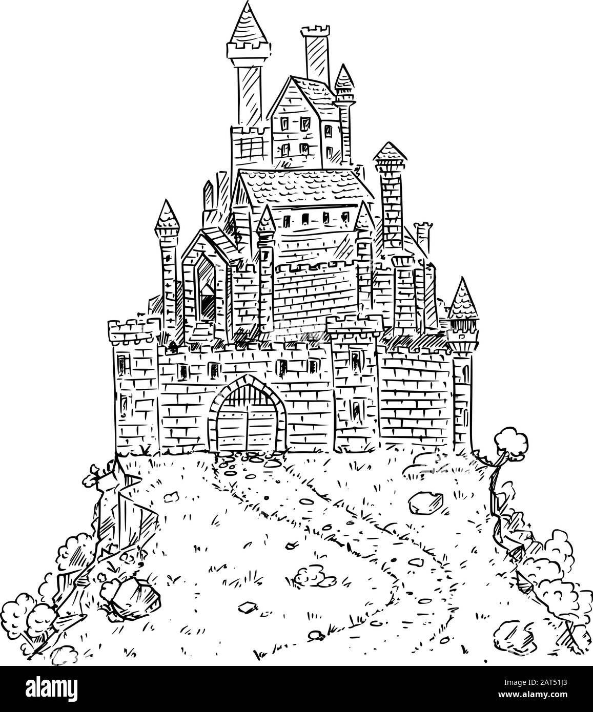 Illustration vectorielle noire et blanche de dessins animés ou dessin d'un château médiéval ou de fantaisie sur la colline. Illustration de Vecteur