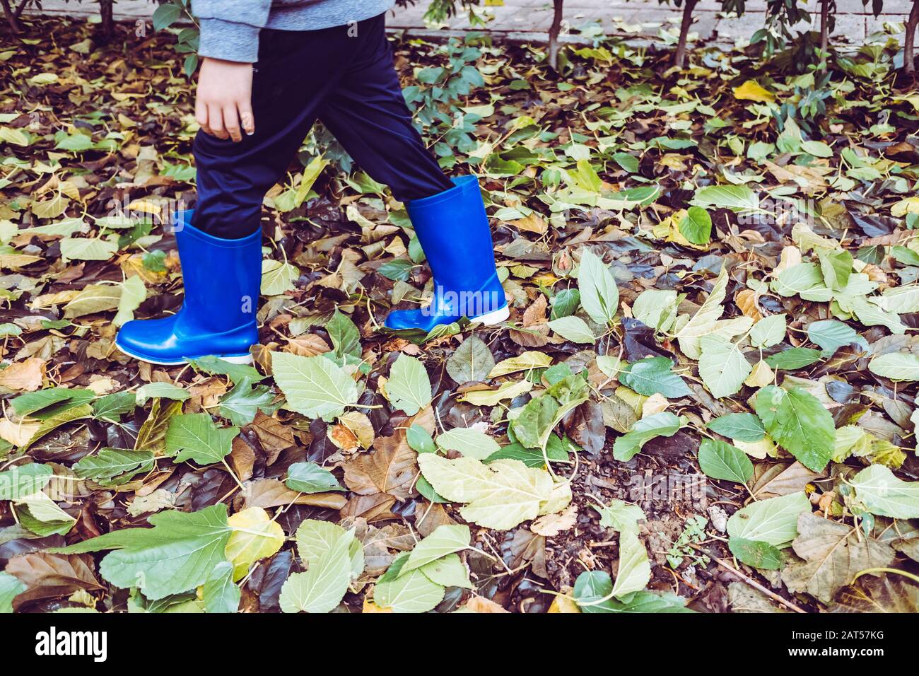 Un garçon explore la forêt en hiver avec des bottes en caoutchouc pour protéger lui-même. Banque D'Images