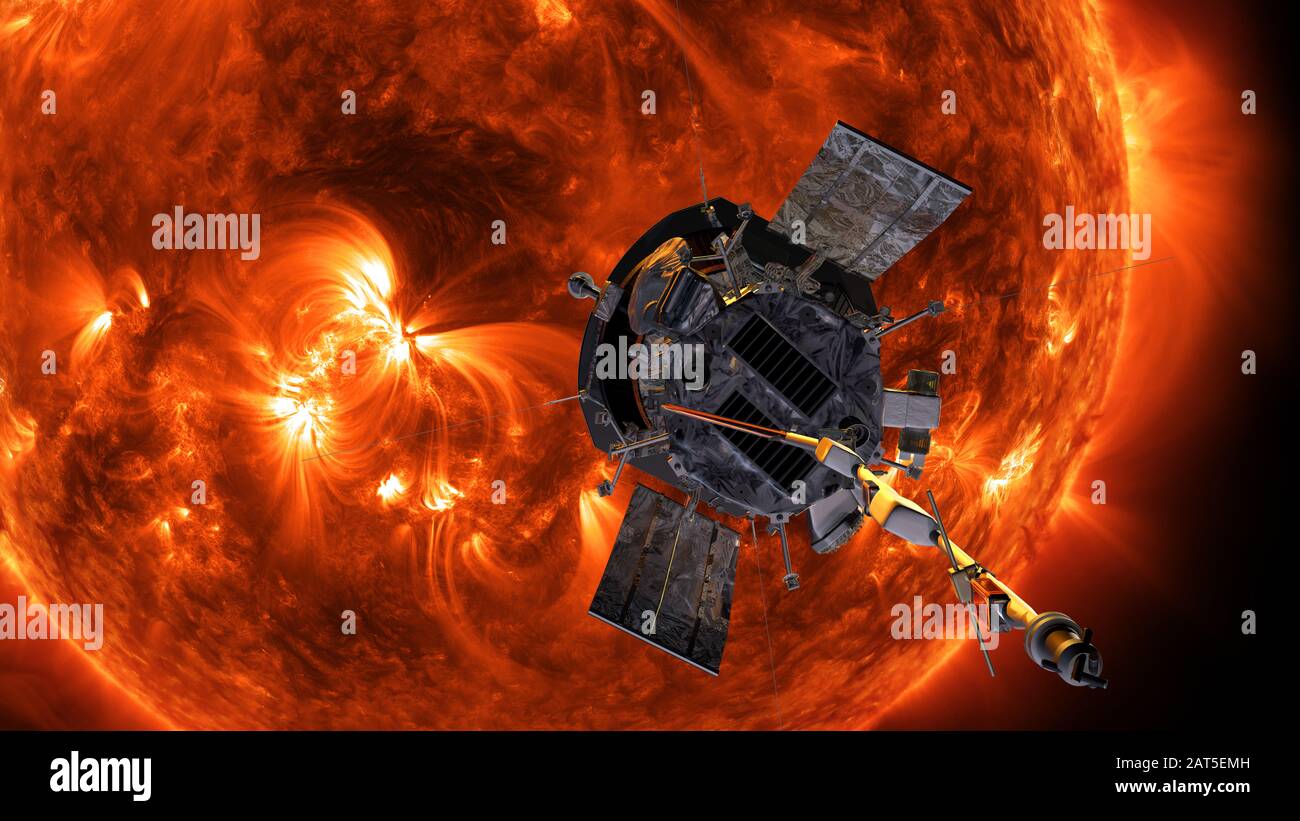 Présentation artistique de la sonde solaire Parker de la NASA devant le Soleil. La sonde révélera le Soleil en détail et aussi le jamais vu pola Banque D'Images