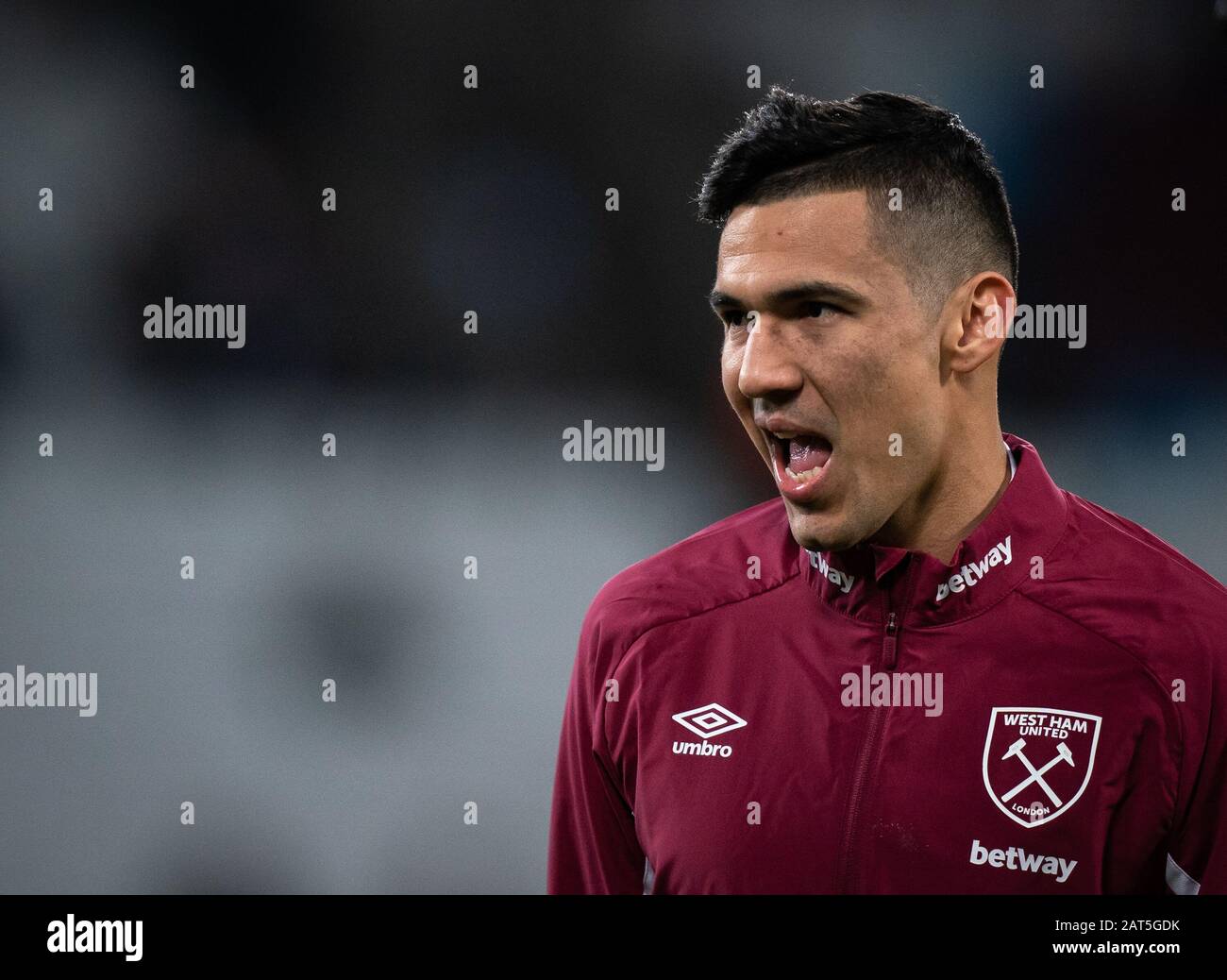 Londres, Royaume-Uni. 29 janvier 2020. Fabian Balbuena, de West Ham United, a effectué un pré-match lors du match de la Premier League entre West Ham United et Liverpool au Olympic Park, Londres, Angleterre, le 29 janvier 2020. Photo D'Andy Rowland. Crédit: Images Prime Media / Alay Live News Banque D'Images