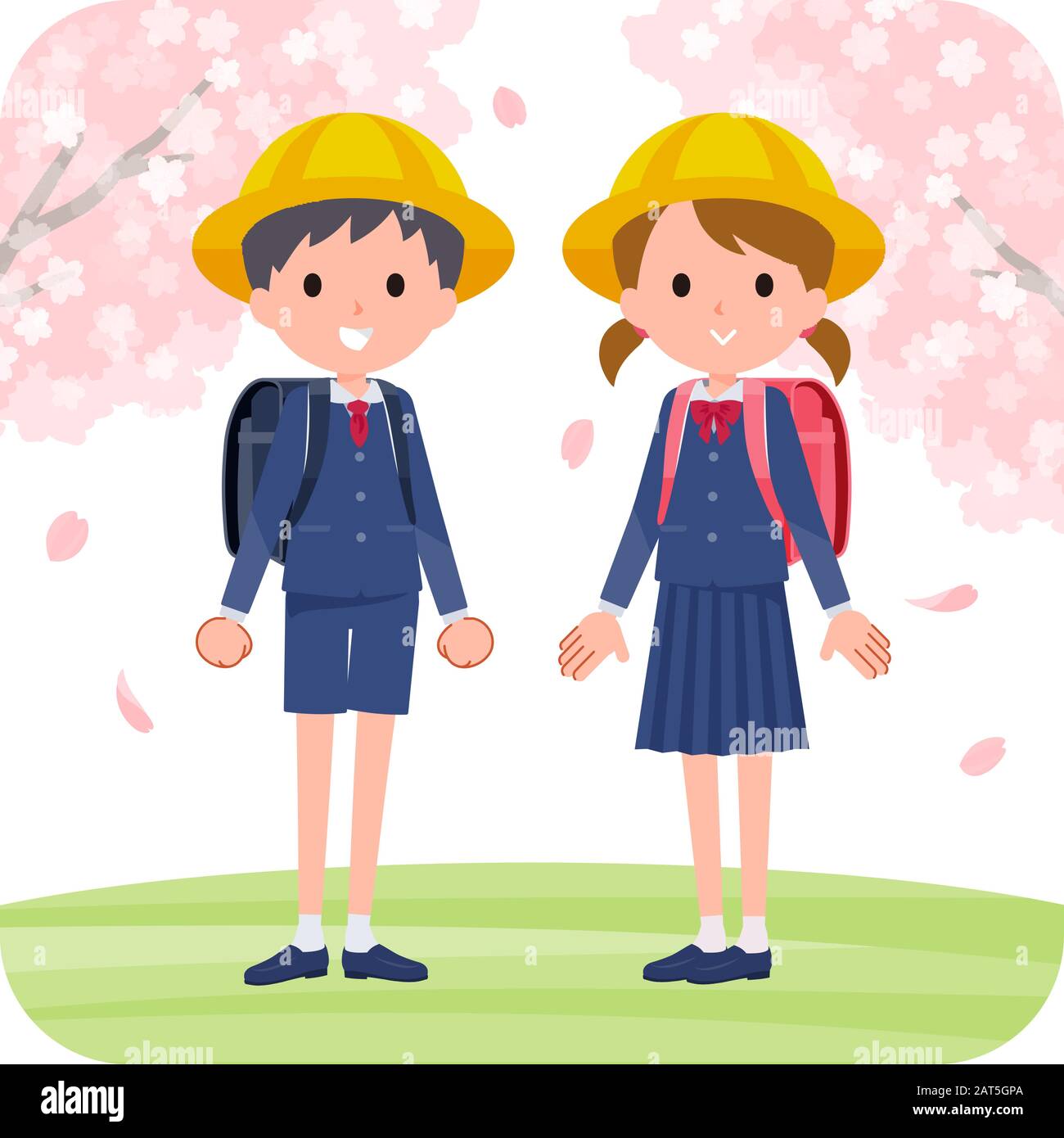 Les garçons et les filles de l'école primaire sont dans un paysage de cerisiers en fleurs. C'est l'art vectoriel pour qu'il soit facile à éditer. Illustration de Vecteur