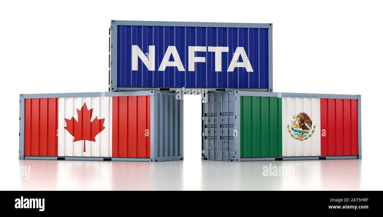 ALENA - conteneur de fret avec le drapeau national du Mexique et du Canada - 3 d rendu Banque D'Images