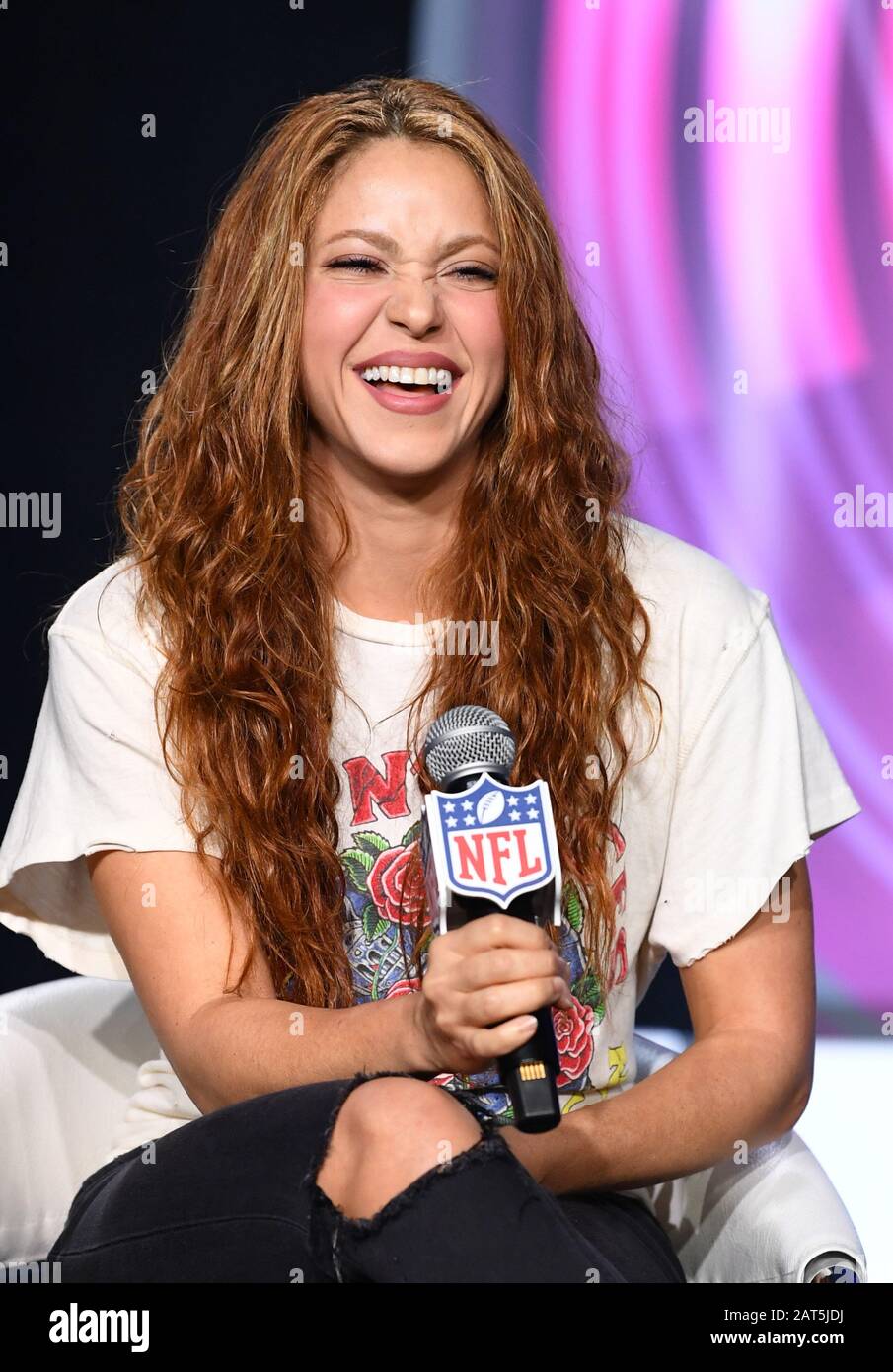 Miami, États-Unis. 30 janvier 2020. Shakira parle aux médias lors de la  conférence de presse du Super Bowl LIV Pepsi Halftime Show, le jeudi 30  janvier 2020 à Miami, en Floride. Shakira