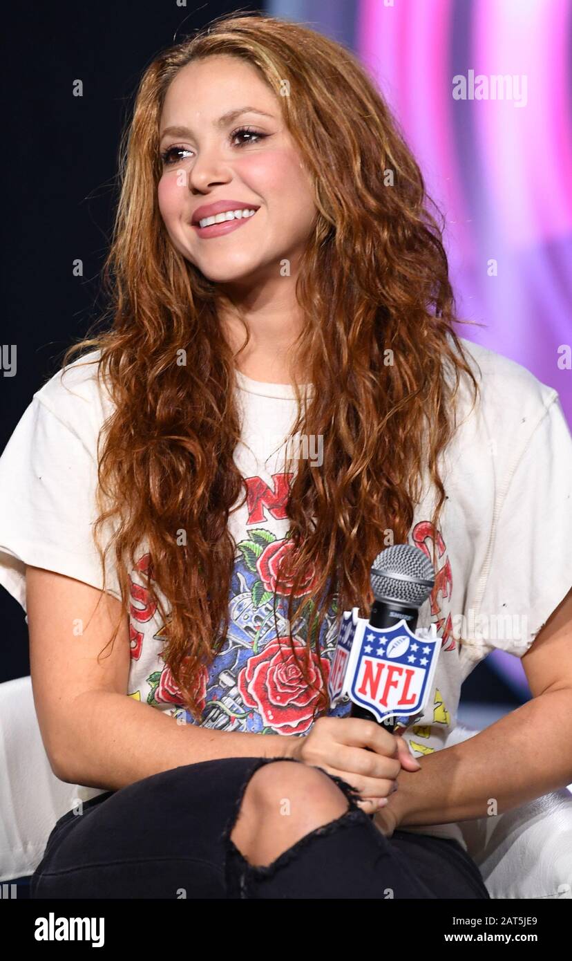 Miami, États-Unis. 30 janvier 2020. Shakira parle aux médias lors de la  conférence de presse du Super Bowl LIV Pepsi Halftime Show, le jeudi 30  janvier 2020 à Miami, en Floride. Shakira