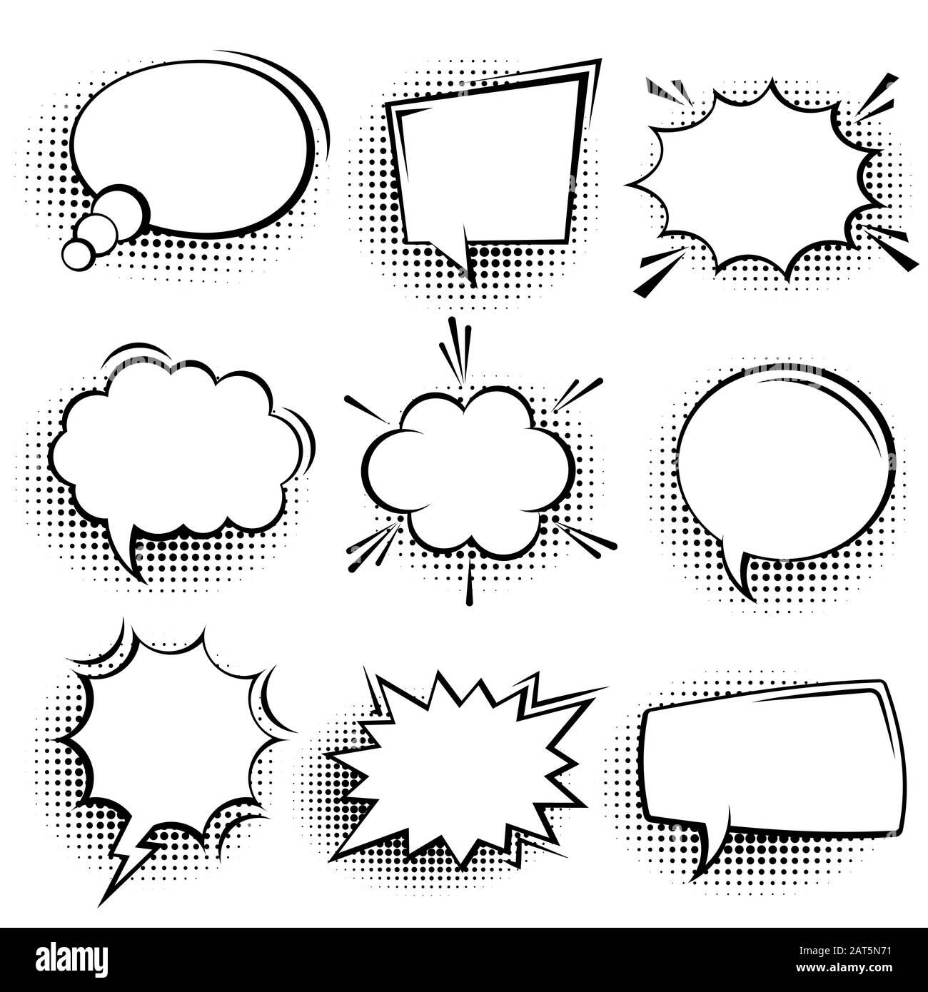 Collection de bulles de la bande dessinée vides avec des ombres de demi-teinte. Autocollants rétro dessinés à la main. Style pop art. Illustration vectorielle. Illustration de Vecteur