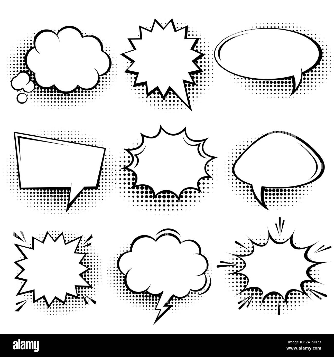 Collection de bulles de la bande dessinée vides avec des ombres de demi-teinte. Autocollants rétro dessinés à la main. Style pop art. Illustration vectorielle. Illustration de Vecteur