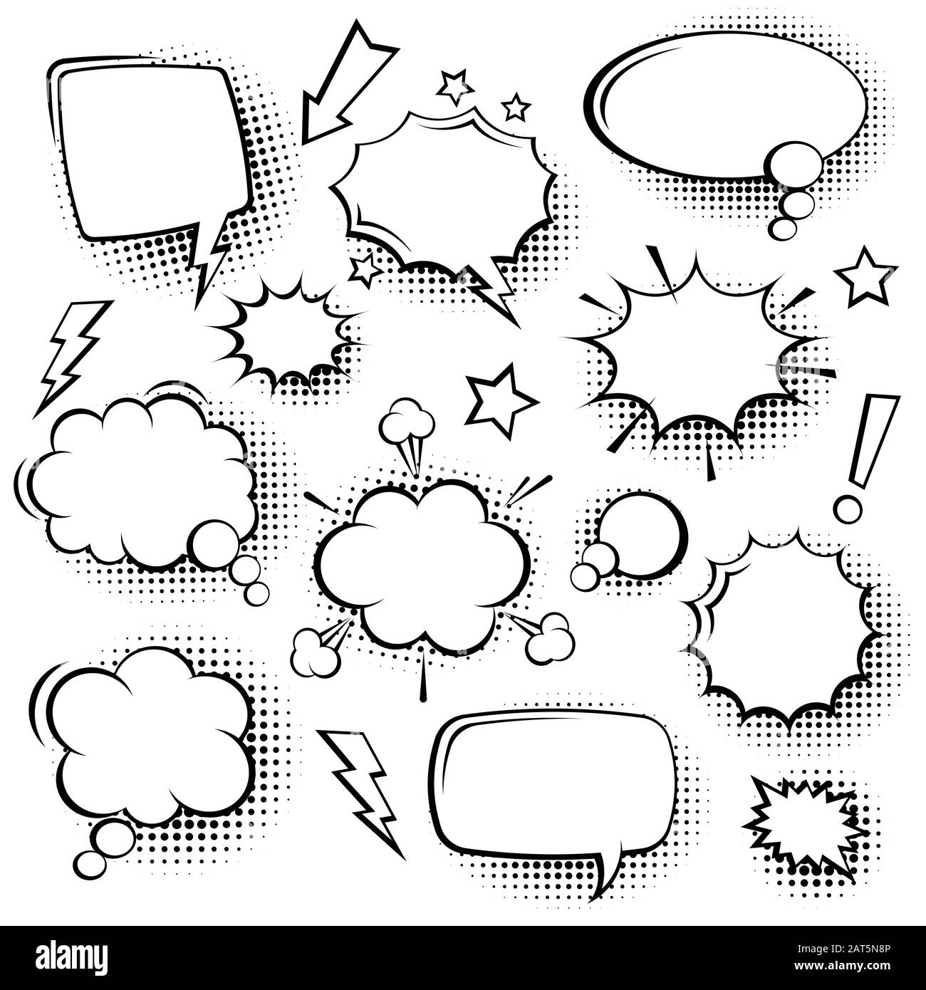 Collection de bulles de la bande dessinée vides avec des ombres de demi-teinte. Autocollants rétro dessinés à la main. Style pop art. Illustration vectorielle. Illustration de Vecteur