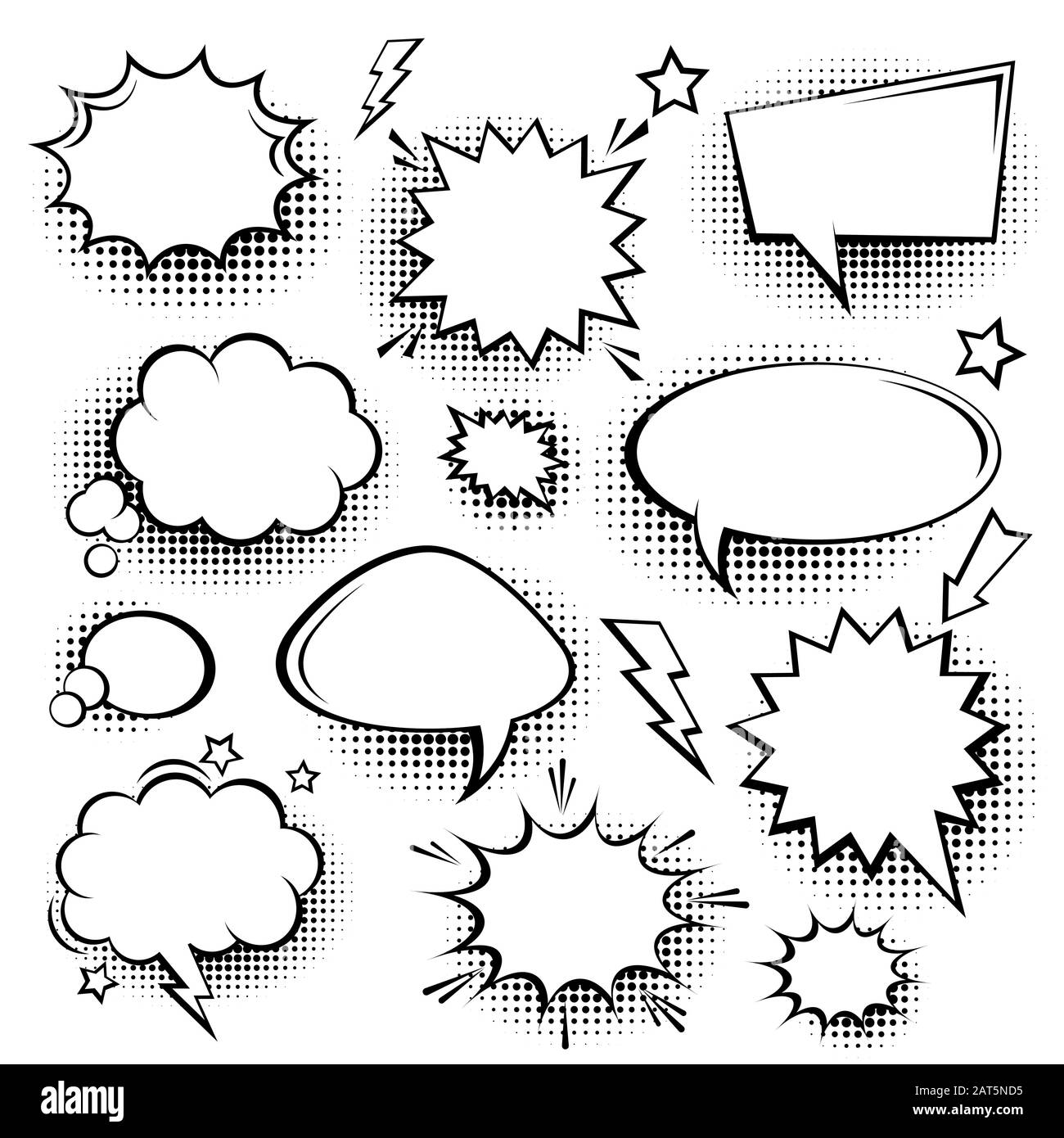 Collection de bulles de la bande dessinée vides avec des ombres de demi-teinte. Autocollants rétro dessinés à la main. Style pop art. Illustration vectorielle. Illustration de Vecteur