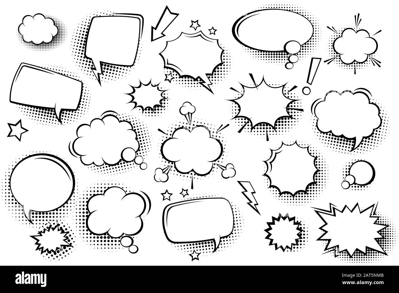 Collection de bulles de la bande dessinée vides avec des ombres de demi-teinte. Autocollants rétro dessinés à la main. Style pop art. Illustration vectorielle. Illustration de Vecteur