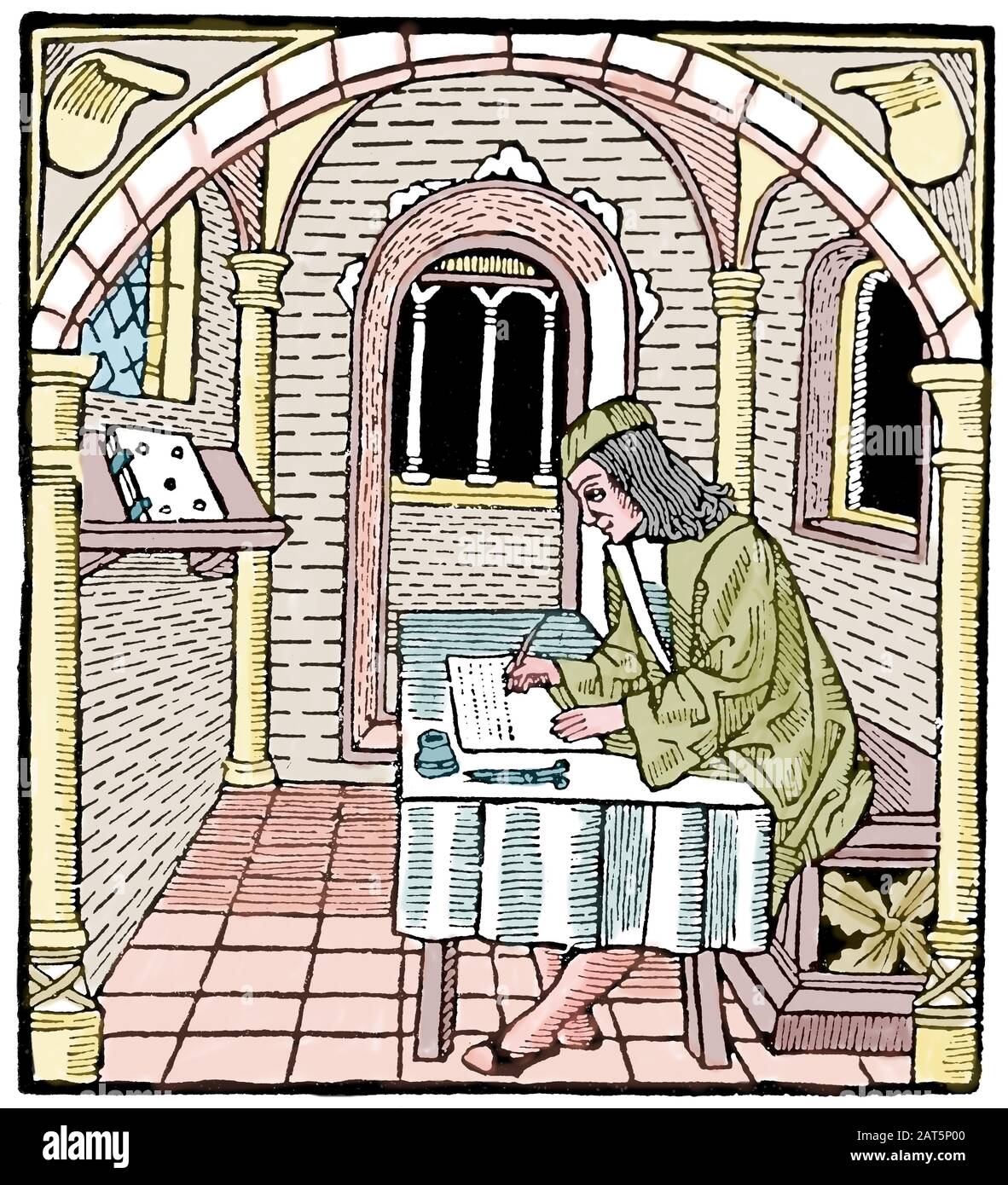 Diego De San Pedro (1437-1498). Écrivain castillan. Prison d'Amour, 1492. Leriano écrit une lettre. Gravure. Banque D'Images