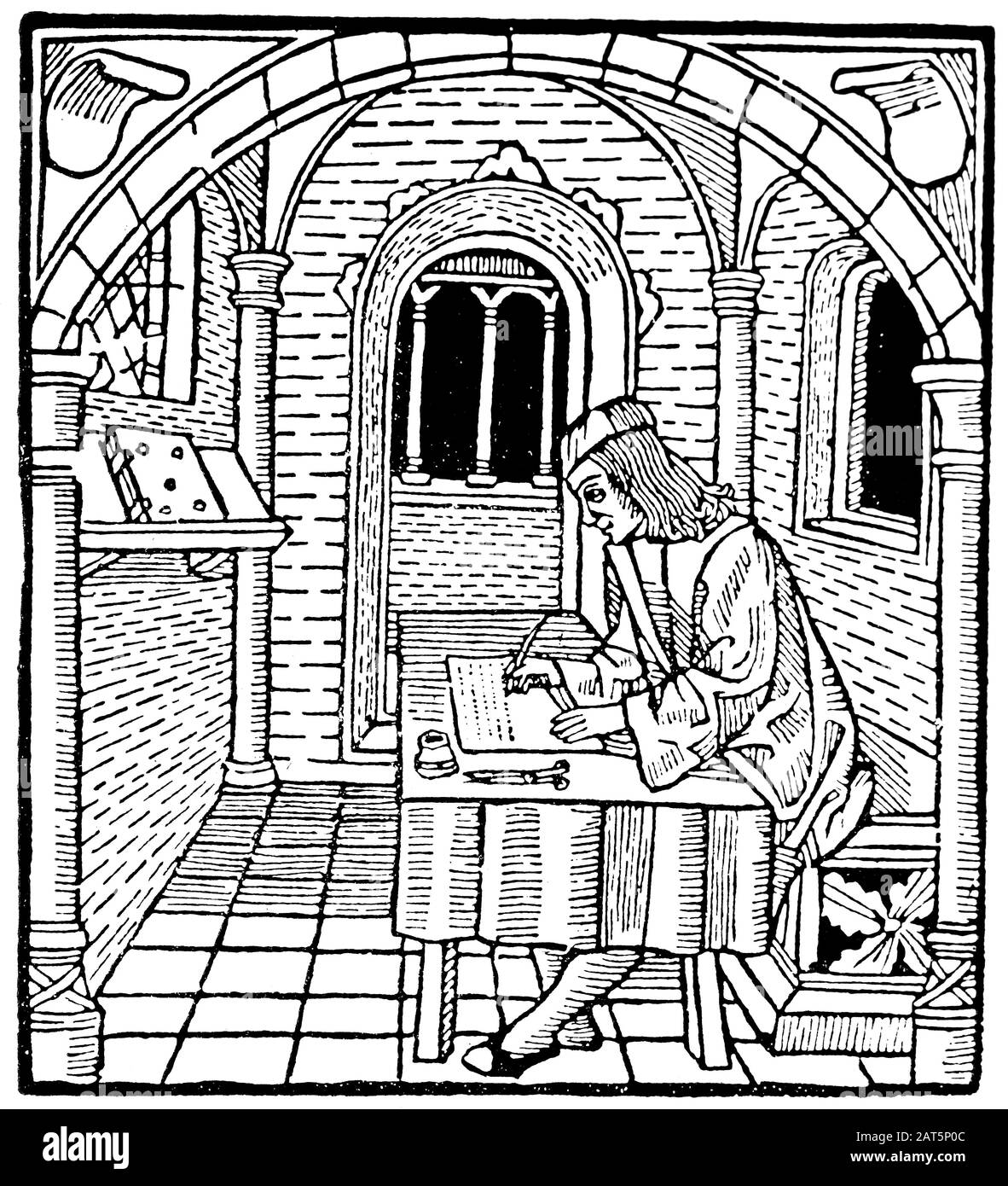 Diego De San Pedro (1437-1498). Écrivain castillan. Prison d'Amour, 1492. Leriano écrit une lettre. Gravure. Banque D'Images Diego De San Pedro (1437-1498). Écrivain castillan. Prison d'Amour, 1492. Leriano écrit une lettre. Gravure. Banque D'Images