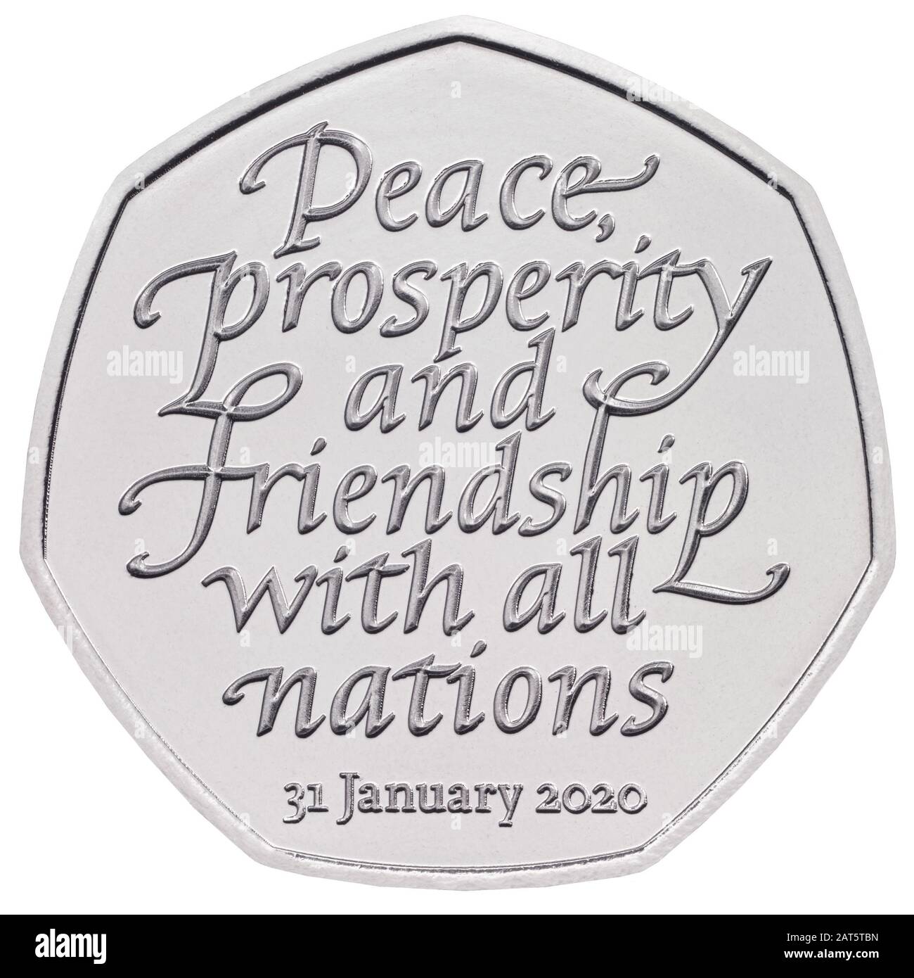 (200130) -- LONDRES, le 30 janvier 2020 (Xinhua) -- Cette image fournie par la monnaie royale montre une pièce commémorative de 50 p (environ 65 cents américains) pour marquer le départ de la Grande-Bretagne de l'Union européenne (UE) le 31 janvier. Portant l'inscription « paix, prospérité et amitié avec toutes les nations » et la nouvelle date du Brexit, environ 3 millions de ces pièces du Brexit entreront en circulation dans toute la Grande-Bretagne à partir de vendredi. (Monnaie Royale/Document De Travail Via Xinhua) (Usage Éditorial Uniquement) Banque D'Images
