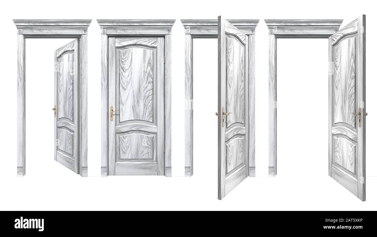 Portes grises ouvertes et fermées avec panneaux voûtés, corniche, colonnes. Portes anciennes en bois avec bordure de texture vintage, isolée sur blanc. Haute résolution Banque D'Images