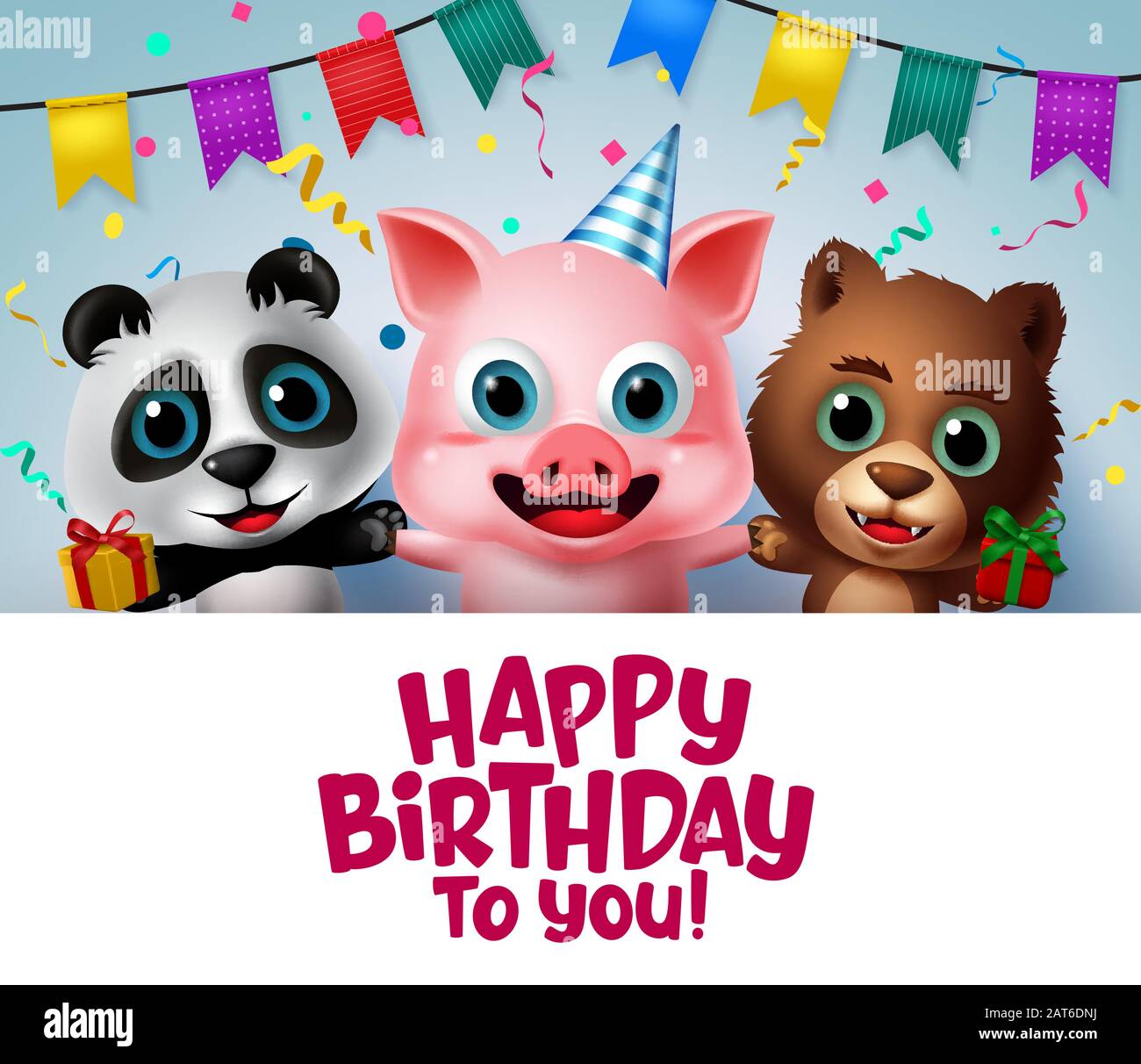 Anniversaire Accueil Enfants Animaux Modele Vectoriel Joyeux Anniversaire Texte De Salutation Avec Des Personnages Animaux Pour Enfants Comme Le Porc Le Panda Et L Ours Dans Un Element De Fete Image Vectorielle Stock
