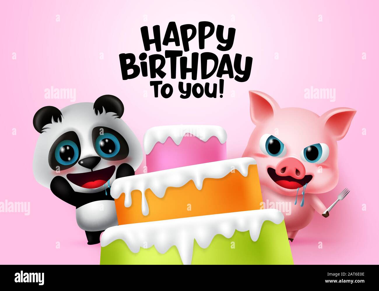 Joyeux Anniversaire Vecteur Enfants Fete Animaux Joyeux Anniversaire Message D Accueil Texte Avec Des Elements De Gateau Des Panda Affames Et Des Personnages D Animaux De Porc En Rose Image Vectorielle Stock Alamy