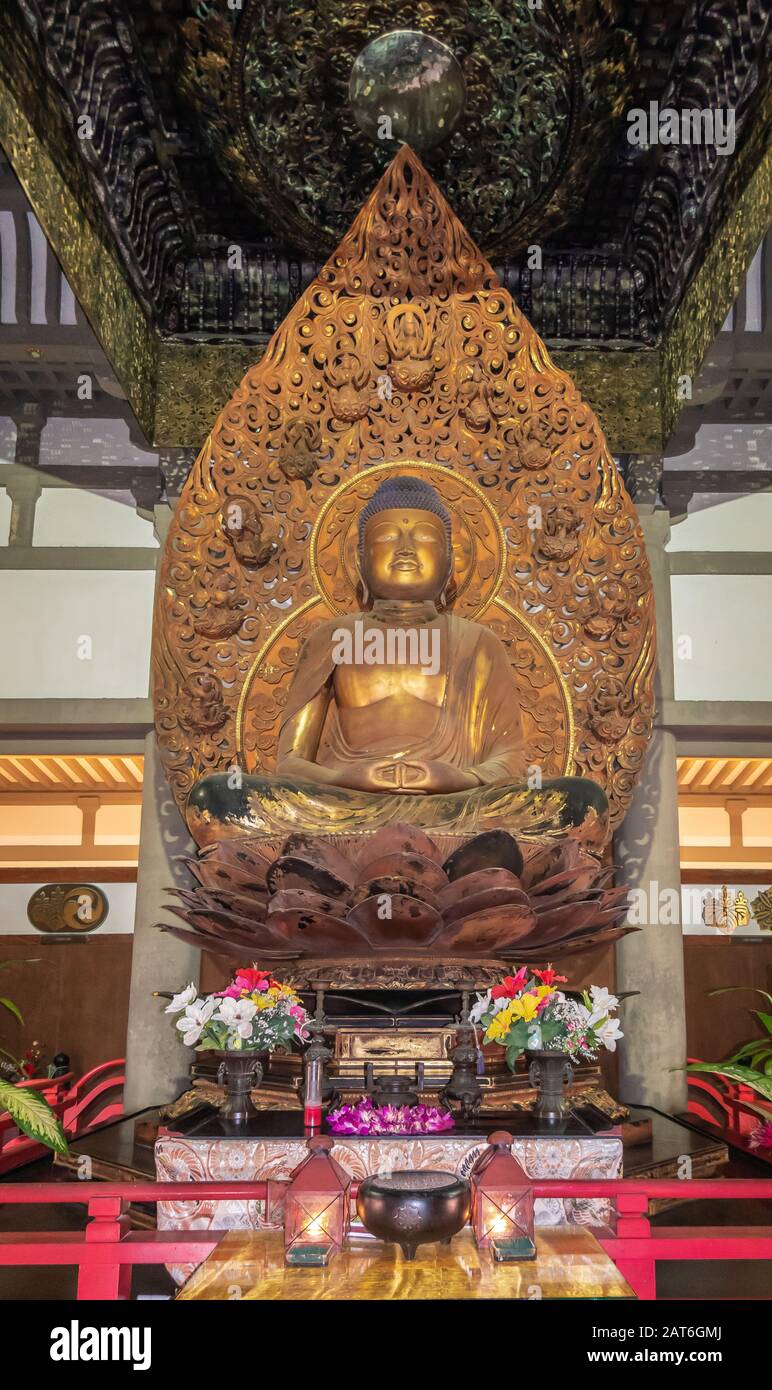 Kaneohe, Oahu, Hawaï, États-Unis. - 11 janvier 2020: Bouddha d'or en position lotus statue dans le temple bouddhiste de Byodo-In avec toile de fond et baldachin. Fleur Banque D'Images