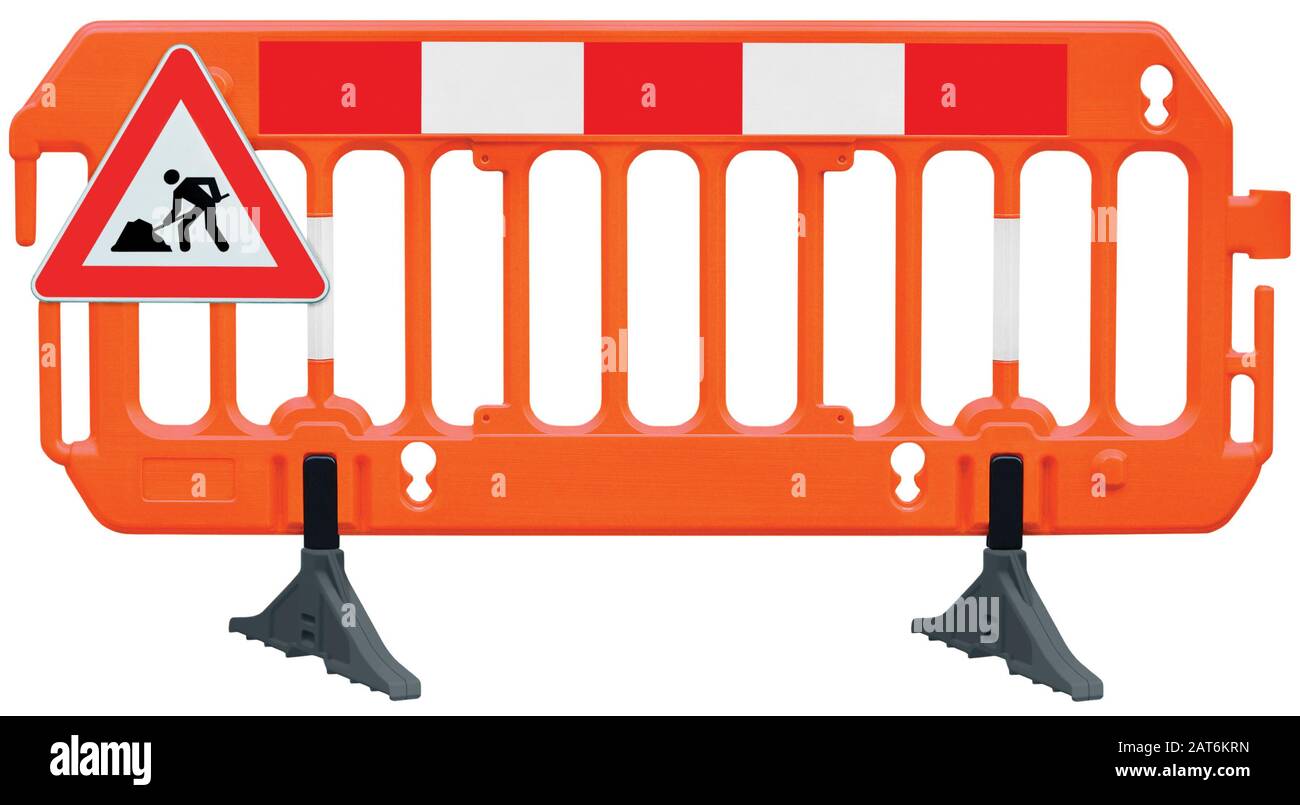 Obstacle détour barrière travaux barricade, signal d'arrêt luminescent rouge et blanc orange, panneau travaux routiers britannique, fermeture isolée sans soudure Banque D'Images