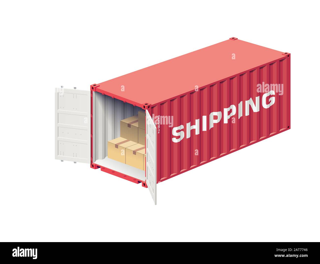 Ouvrir le conteneur d'expédition chargé par des boîtes isolées sur une illustration vectorielle blanche et réaliste Banque D'Images