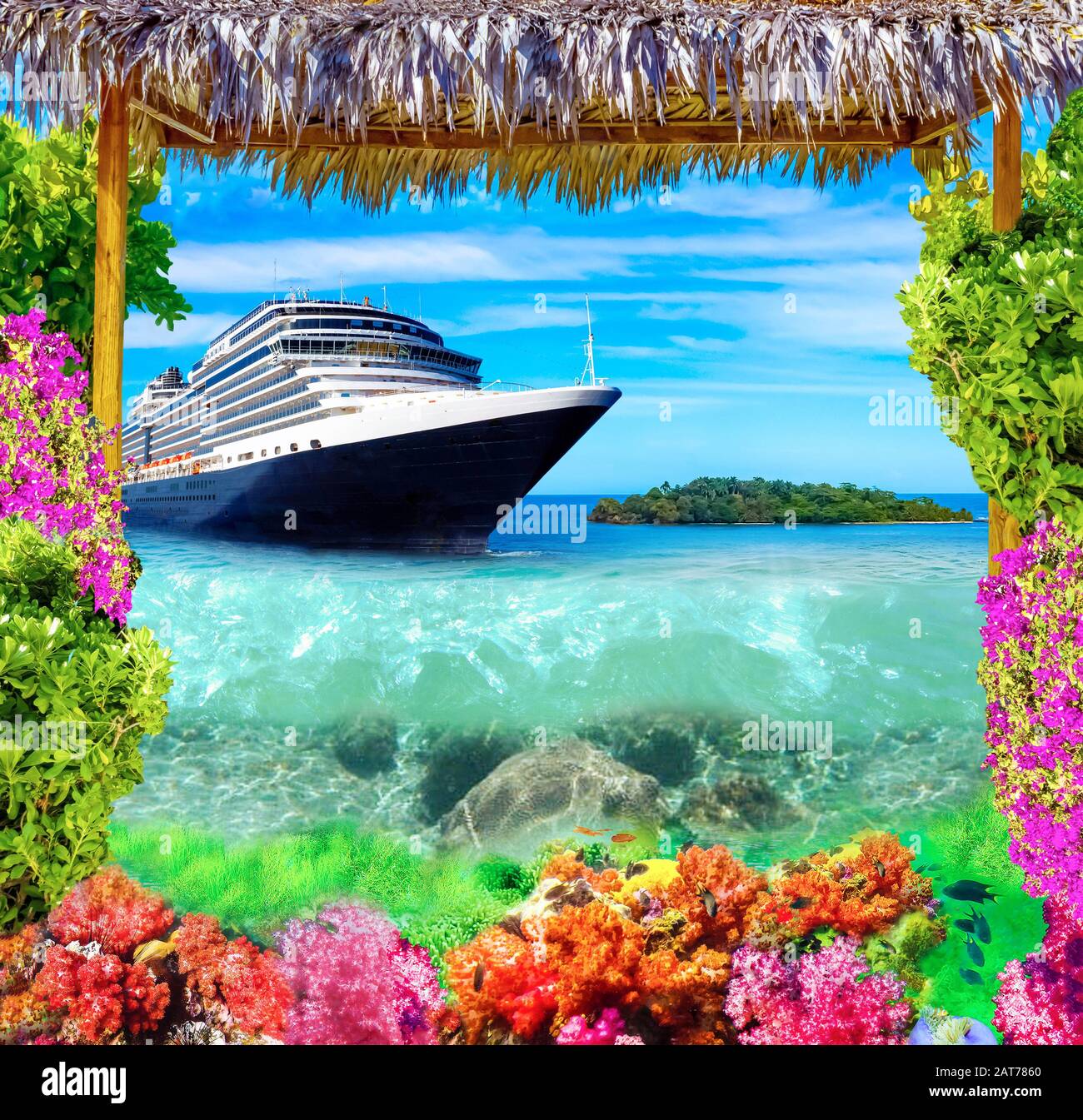 Collage de récif de corail sous-marin à la mer et bateau de croisière Banque D'Images