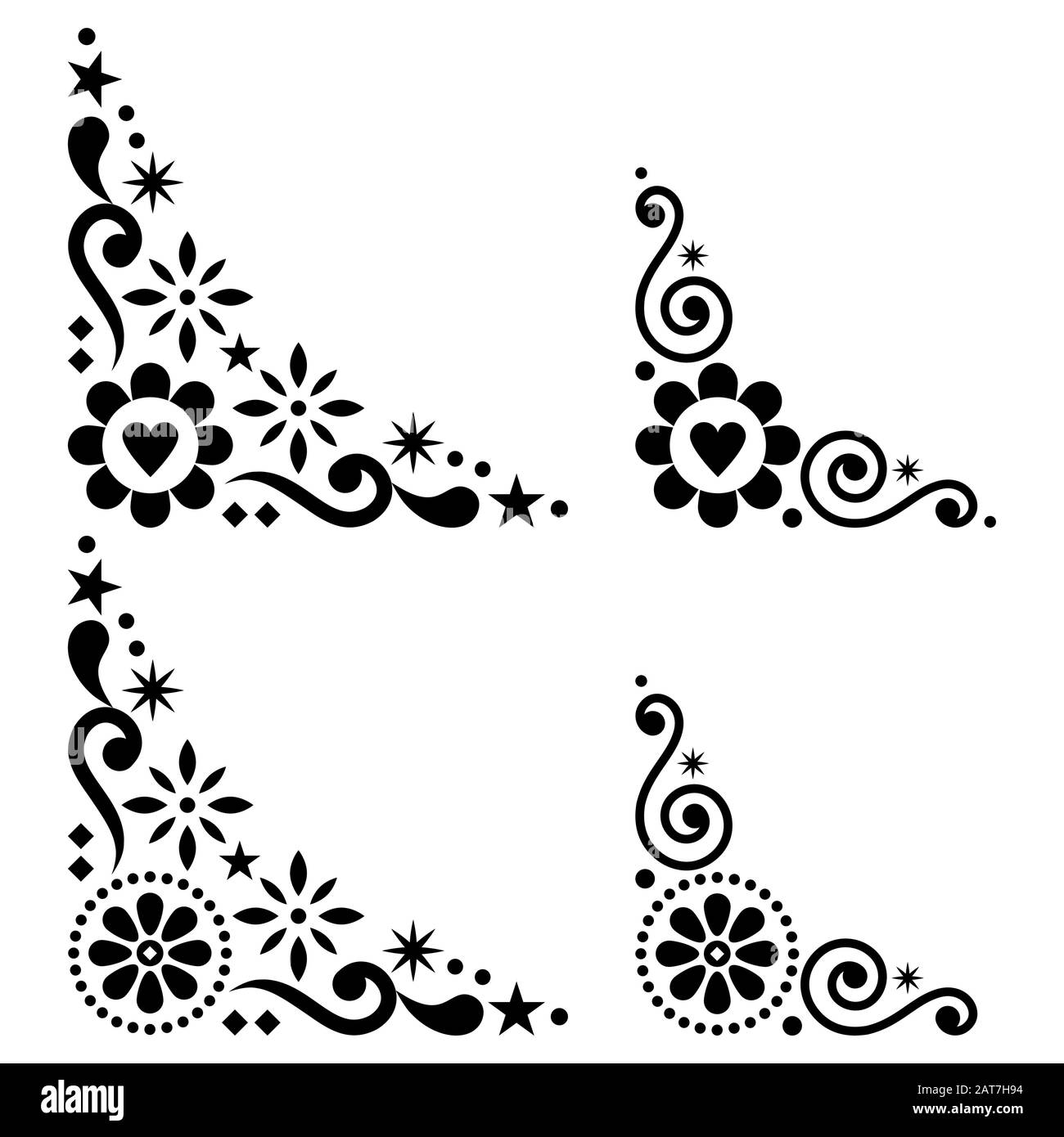 Ensemble de coins vectoriels à fleurs scandinaves, éléments de décoration folklorique avec fleurs en noir sur fond blanc Illustration de Vecteur