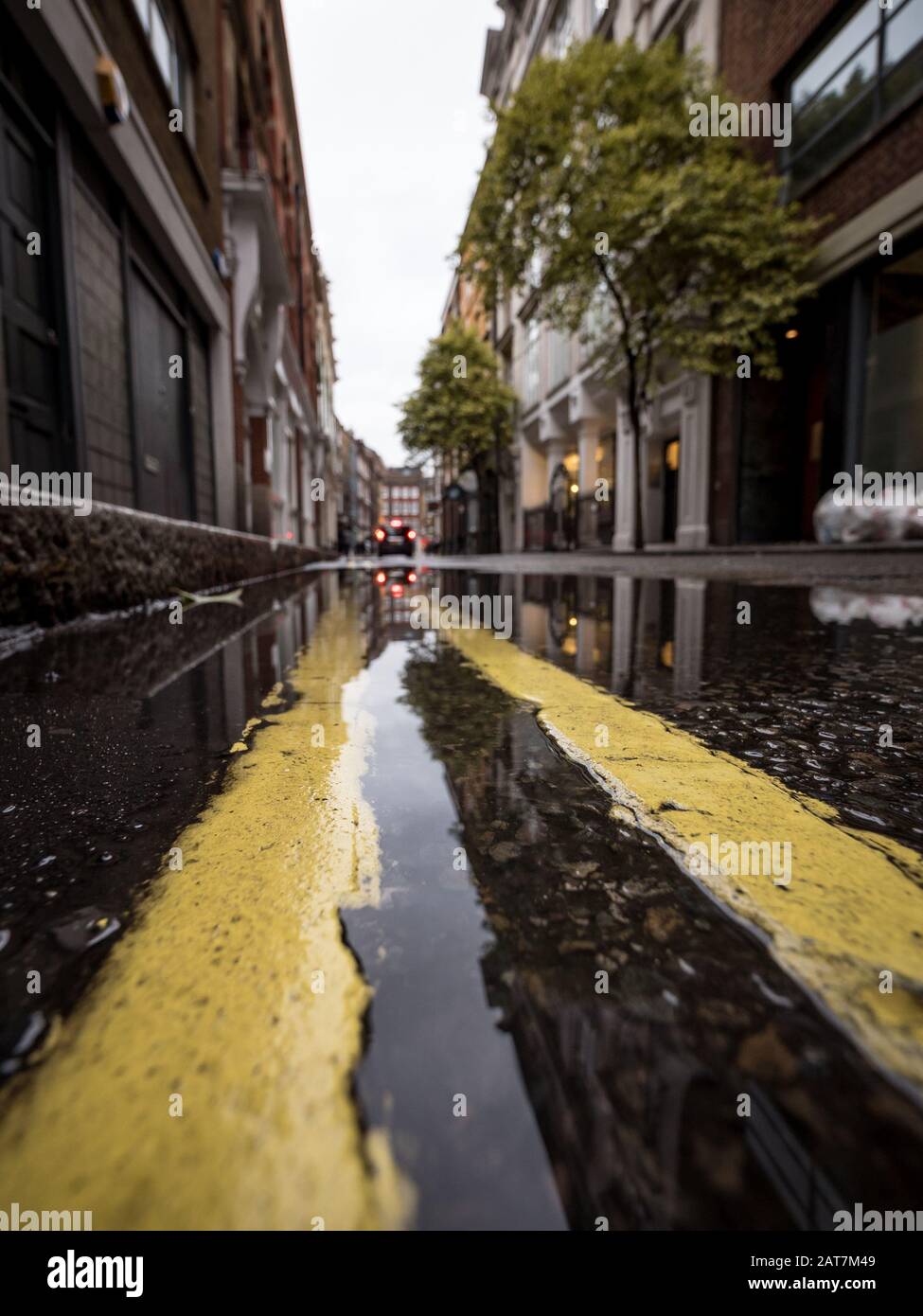 Doubles Lignes Jaunes. Un premier plan peu profond se concentre sur la flaque à bord du trottoir reflétant une rue typique de Londres. Banque D'Images