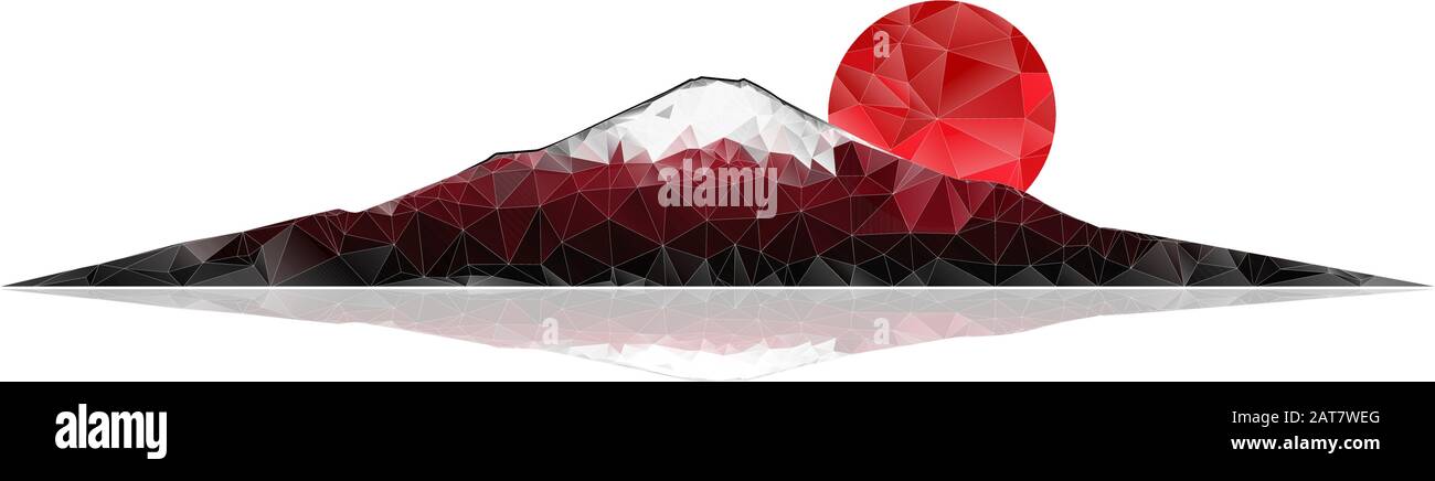 Mont Fuji et soleil levant rouge sur fond blanc. Illustration vectorielle polygonale abstraite. Illustration de Vecteur