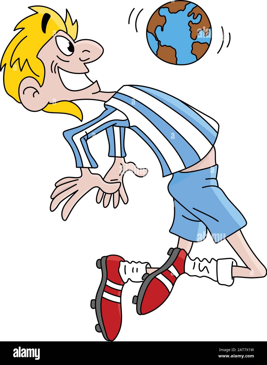Joueur de football de dessin animé contrôlant le globe ball avec son illustration vectorielle de poitrine Illustration de Vecteur