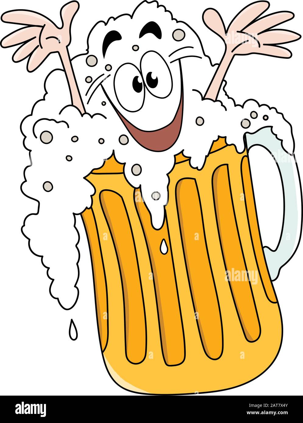 Homme de dessin animé souriant avec plaisir à l'intérieur d'un verre plein d'illustrations vectorielles de bière froide et mousseuse Illustration de Vecteur