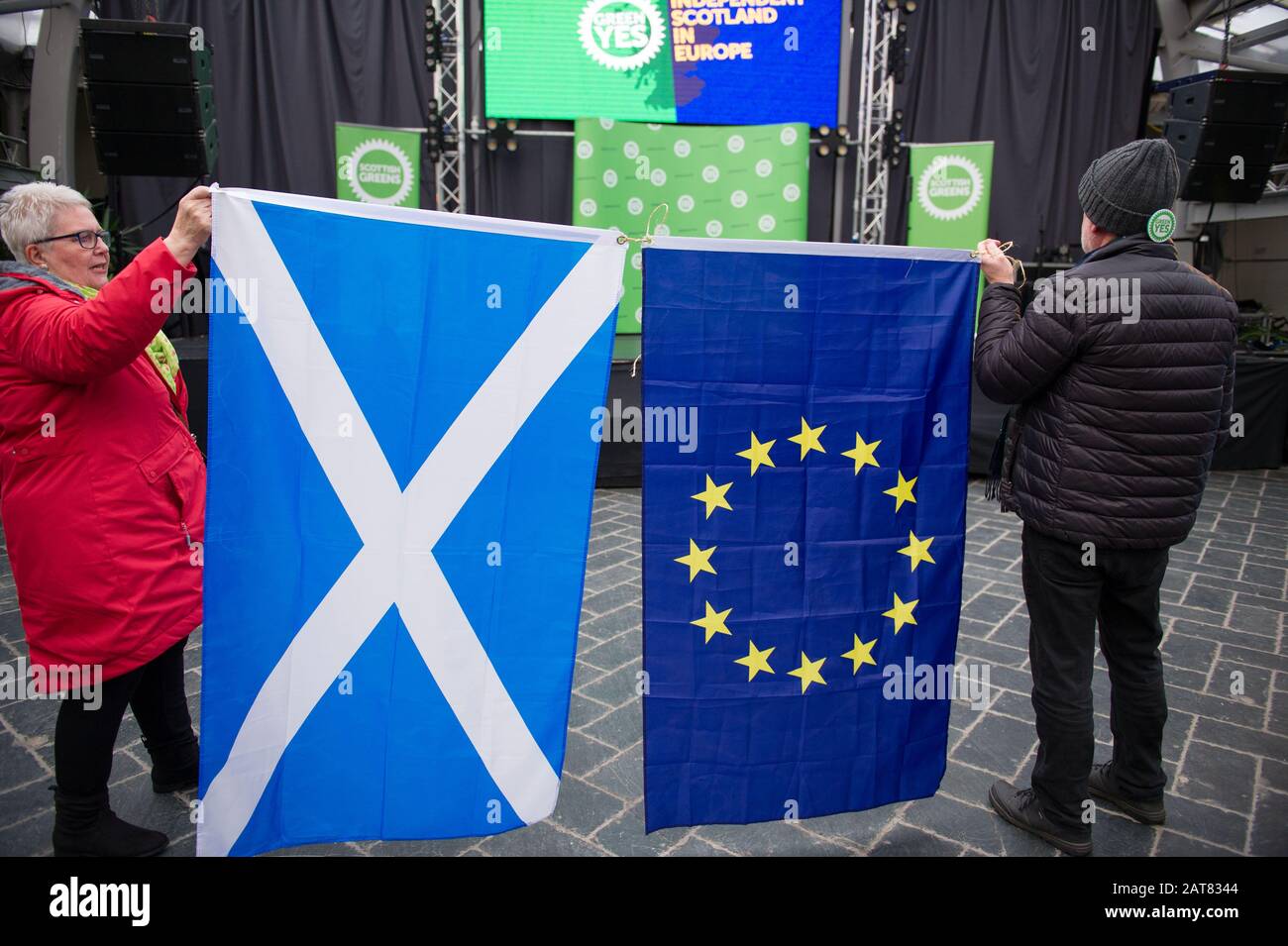 Glasgow, Royaume-Uni. 31 janvier 2020. Photo : scènes du lancement de la campagne. Le jour où le Royaume-Uni quitte l'Union européenne, les Verts écossais ont organisé un important rassemblement pour lancer une nouvelle campagne « Green Yes » pour que l'Écosse rejoigne à nouveau l'UE en tant que nation indépendante. Le co-dirigeant des Verts écossais Patrick Harvie est rejoint par le député européen de Ska Keller, président du groupe des Verts au Parlement européen, qui prononcera un discours. Crédit : Colin Fisher/Alay Live News Banque D'Images
