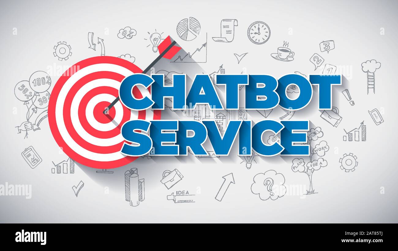 Service Chatbot - Concept Commercial Créatif. Bleu Couleur Texte Créatif, Sur La Main Icônes D'Affaires Fond. Illustration Vectorielle Moderne Pour L'Apprentissage De L'Intelligence Artificielle Et Les Services Web. Illustration de Vecteur