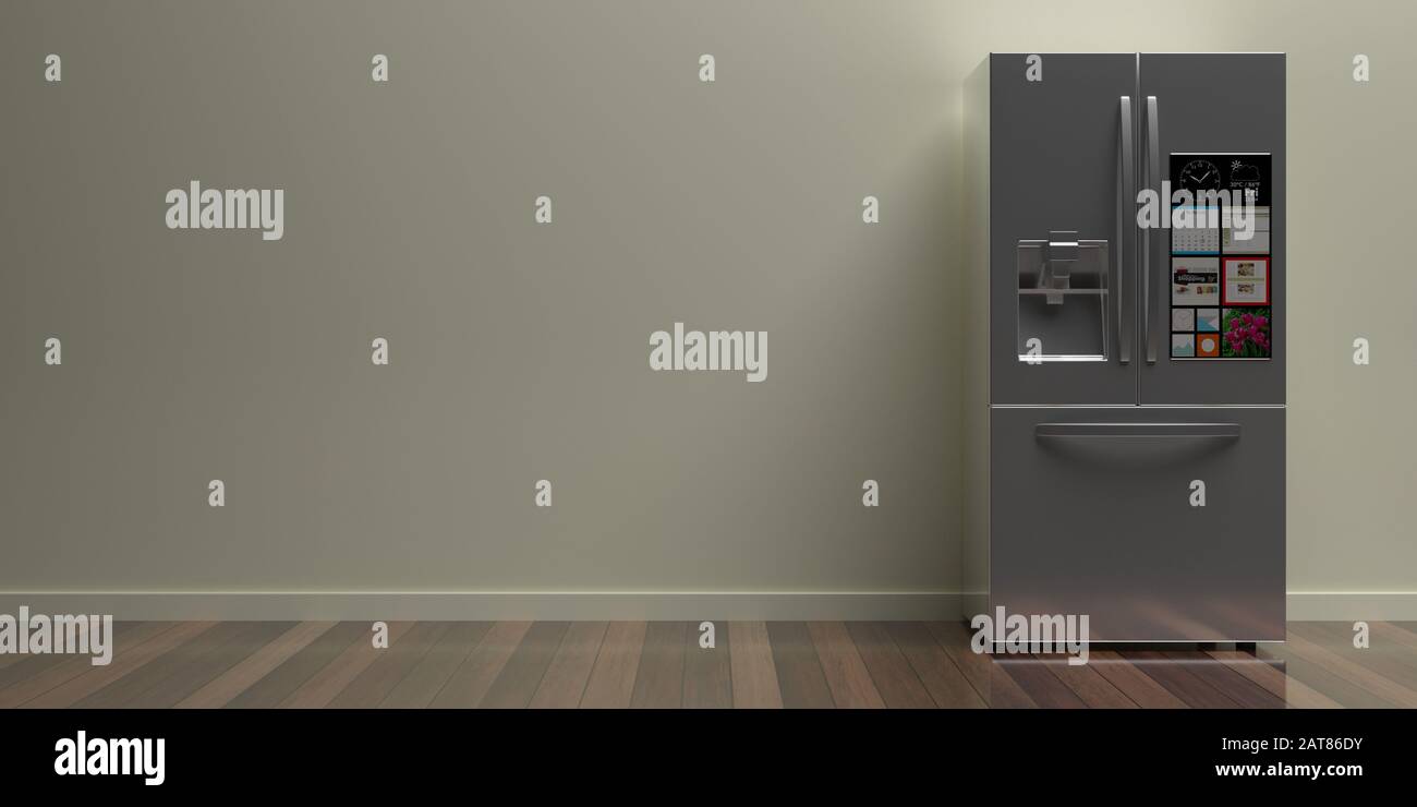 Appareil intelligent pour réfrigérateur, réfrigérer. Maison métal argent  côté à côté réfrigérateur sur le plancher de bois, fond de mur beige, vue  intérieure de la cuisine, copie spa Photo Stock - Alamy