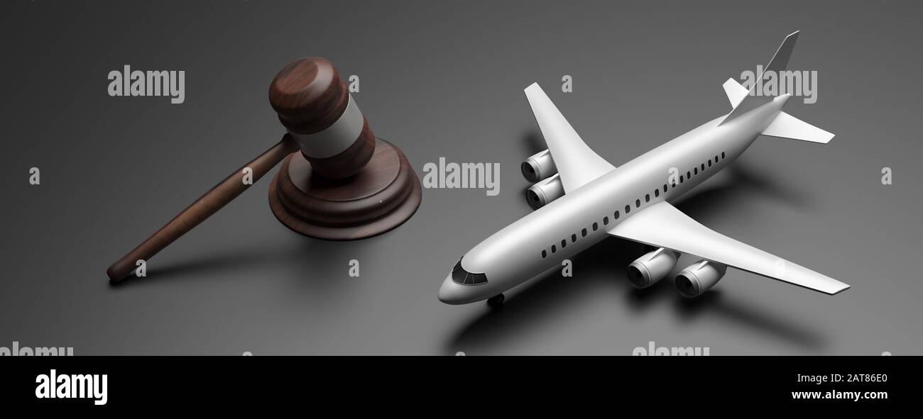 Droit De L'Aviation. Avion commercial vierge et juge gavel sur fond noir gris, bannière. illustration tridimensionnelle Banque D'Images