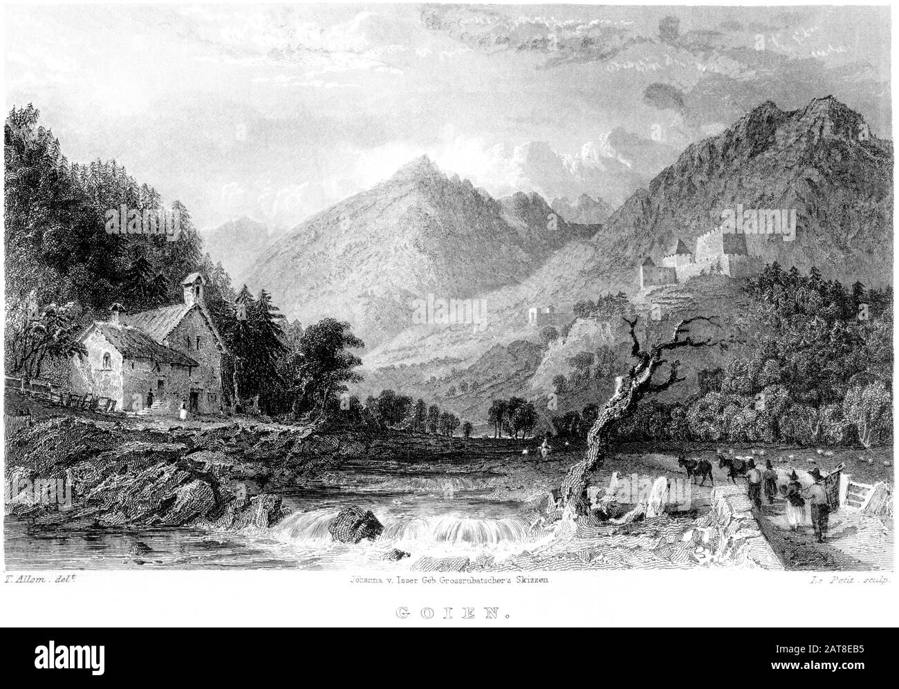 Une gravure de Goien (Castel Gaiano ou Schloss Goyen à Schenna) a été numérisée en haute résolution à partir d'un livre imprimé en 1836. Considéré comme libre de droits d'auteur. Banque D'Images