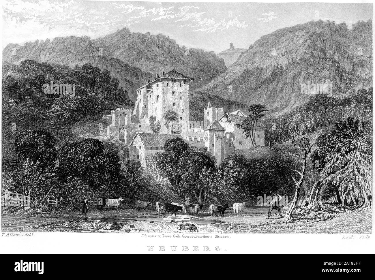 Une gravure de Neuberg (Château de Trauttmansdorff) numérisée à haute résolution à partir d'un livre imprimé en 1836. Considéré comme libre de droits d'auteur. Banque D'Images