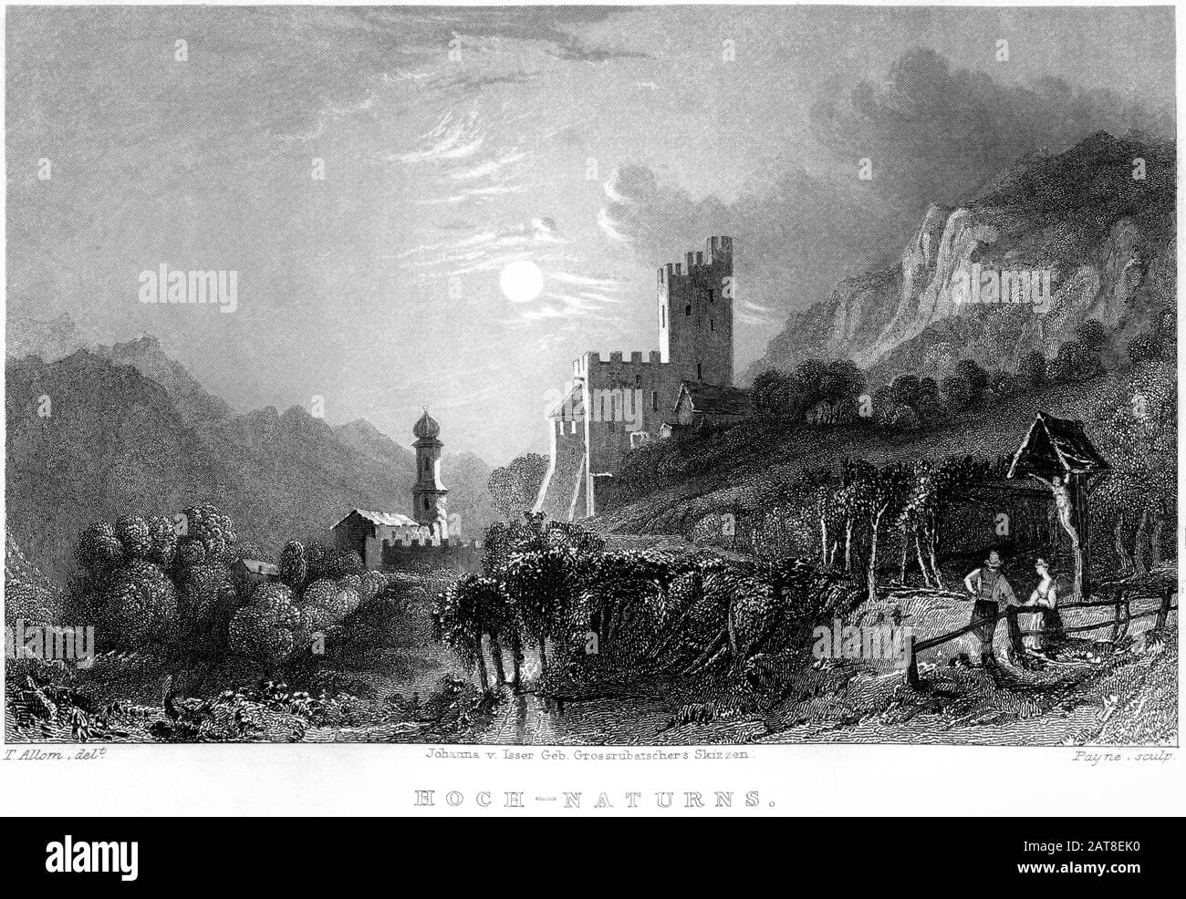 Une gravure de Hoch-Naturns (Hochnaturans) numérisée en haute résolution à partir d'un livre imprimé en 1836. Cette image est considérée comme étant libre de tous les droits d'auteur. Banque D'Images