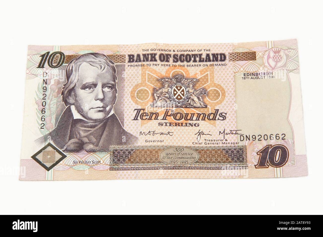 Old 1995 Bank Of Scotland Tercentenary Ten Pound Note Représentant Sir Walter Scott Banque D'Images