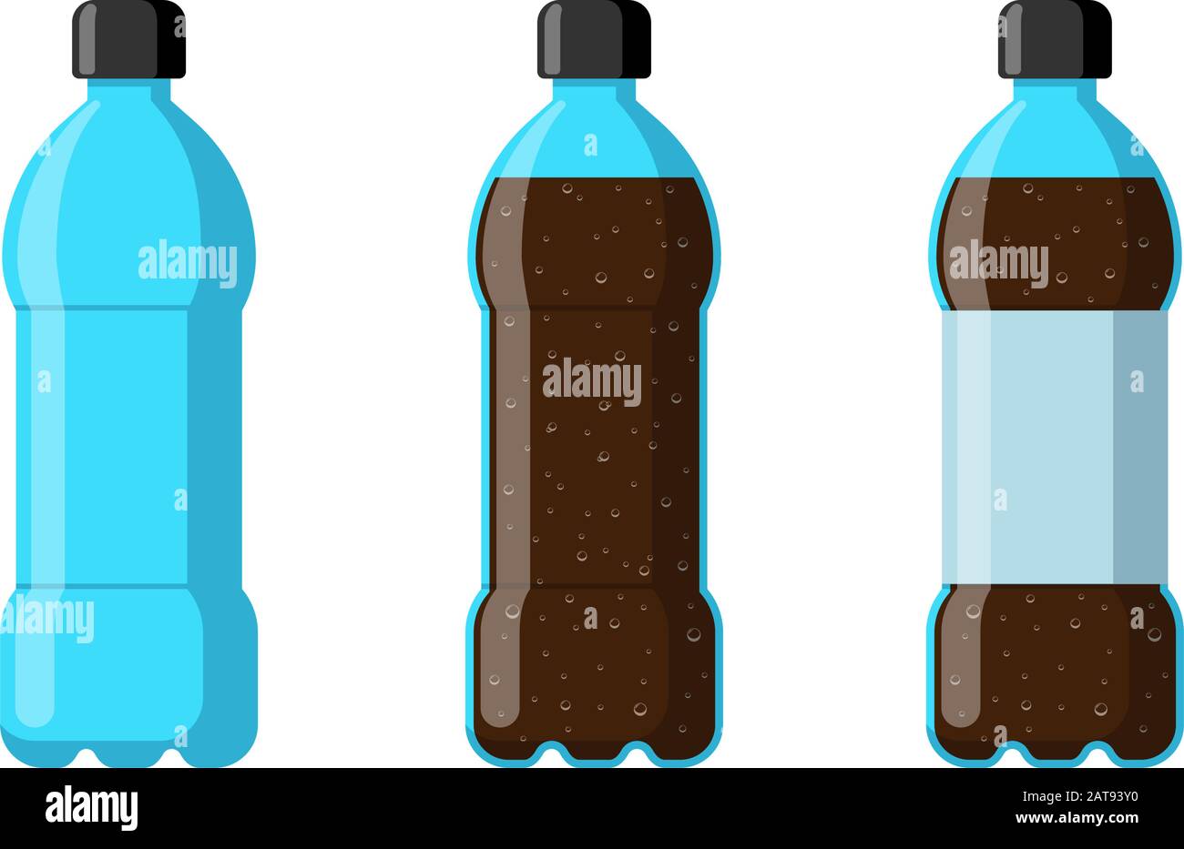 Kit de bouteilles en plastique vide avec boisson gazeuse et étiquette. Boisson gazéifiée avec bulles dans l'illustration vectorielle isolée plate de tare Illustration de Vecteur