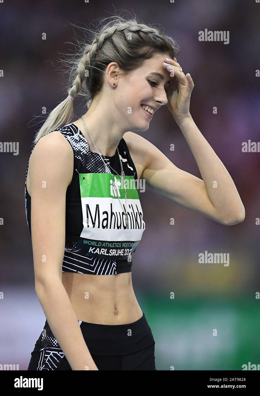 Karlsruhe, Allemagne. 31 janvier 2020. Yaroslava Mahuchikh (Ukraine/saut en hauteur) est heureux d'avoir sauté 2.02 M. GES/Athletics/Indoor Meeting Karlsruhe | IAF World Indoor Tour, 31 janvier 2020 | usage Worldwide Credit: DPA/Alay Live News Banque D'Images