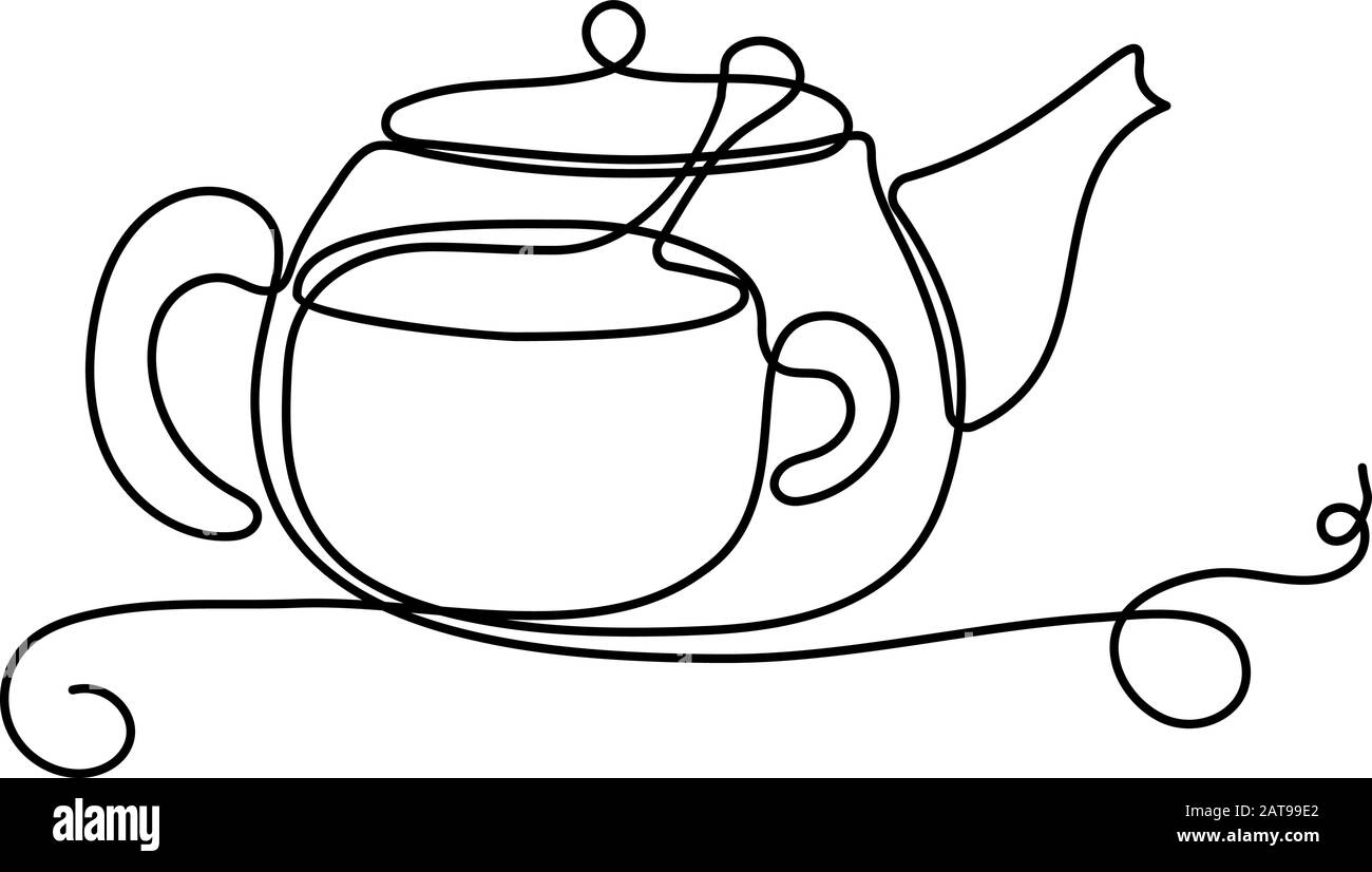 Icône de la fête de thé continue à une ligne - concept de vaisselle de café à dessin plat - fond de théière et de tasse Illustration de Vecteur