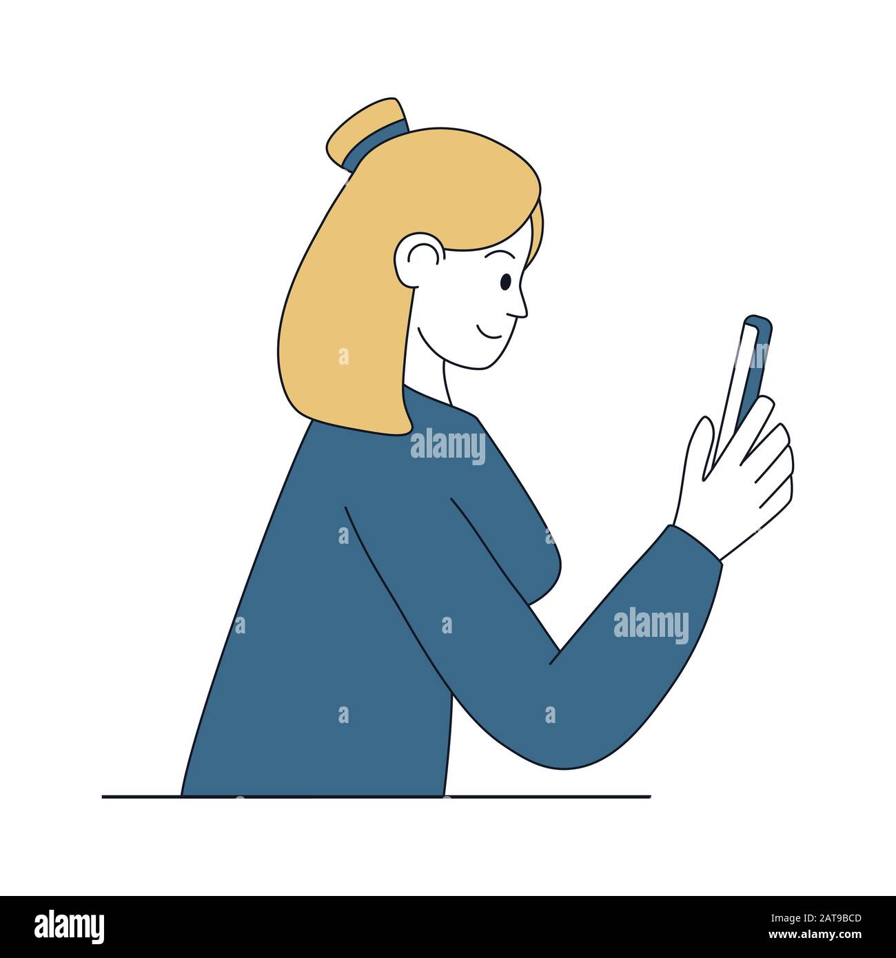 Femme tenant une illustration vectorielle linéaire smartphone. Dame adulte regardant l'affichage du téléphone mobile, en tapant le message contour caractère de bande dessinée. Jolie fille isolée chat, communication par téléphone Illustration de Vecteur