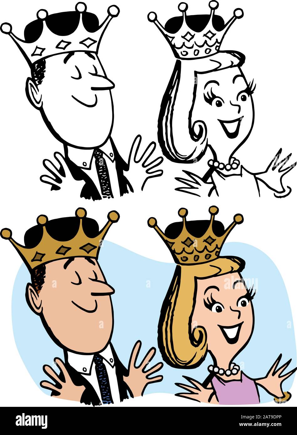 Un dessin animé d'un homme et d'une femme portant des couronnes royales. Illustration de Vecteur