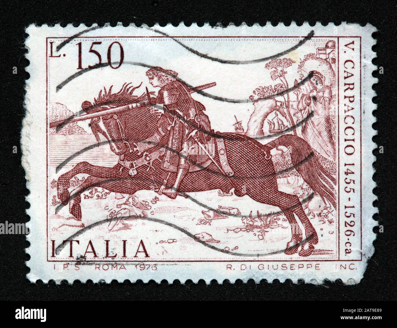 Timbre italien, cachet poste Italia utilisé et francé, Roma, 1976 R.Di.Giuseppe Inc, 150 lire, 150 L, V.Carpaccio, 1455-1526 Carpaccio Banque D'Images