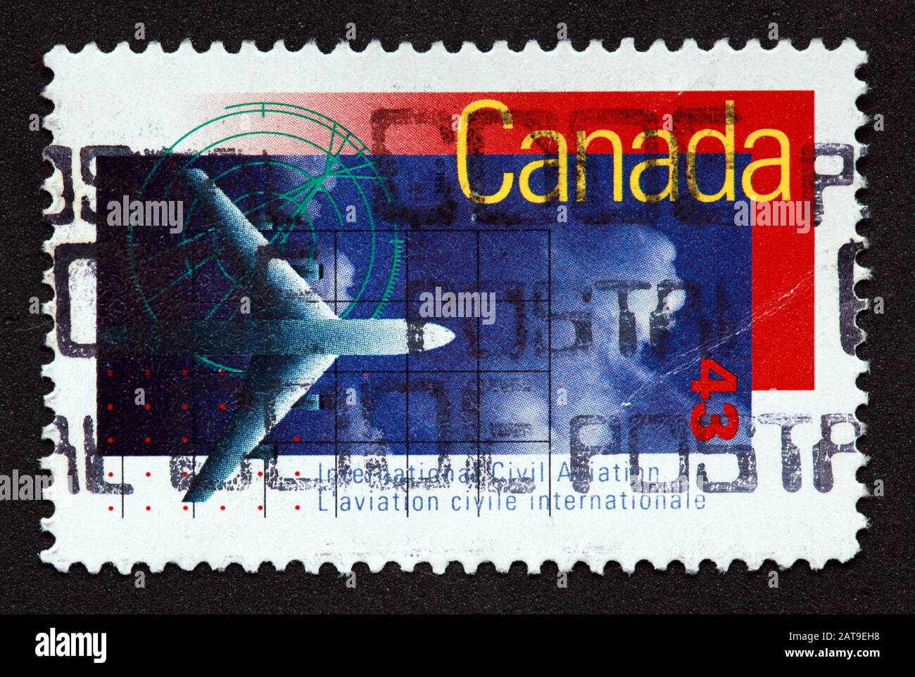 Timbre canadien, Timbre Canada, postes Canada, timbre utilisé, avion international de l'aviation civile du Canada 43, cachet postal de l'avion Banque D'Images