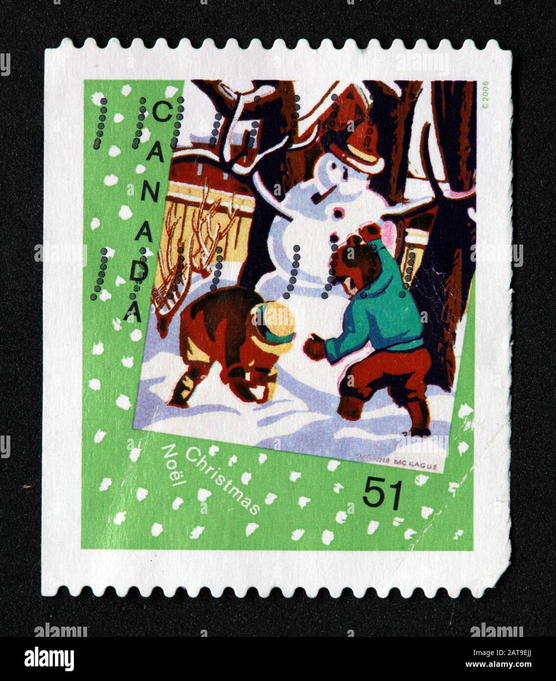 Timbre canadien, Timbre Canada, postes Canada, timbre utilisé, bonhomme de neige, 51 c 51 cent, Noel, Noël Banque D'Images