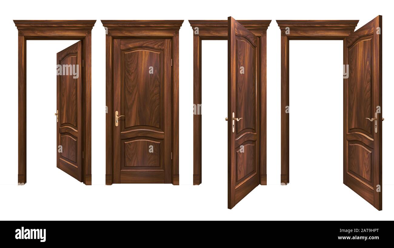 Portes en bois marron fermées et ouvertes isolées sur blanc. Entrée en bois dur naturel de chêne avec panneaux voûtés, corniche, colonnes. Rendu 3D haute résolution Banque D'Images