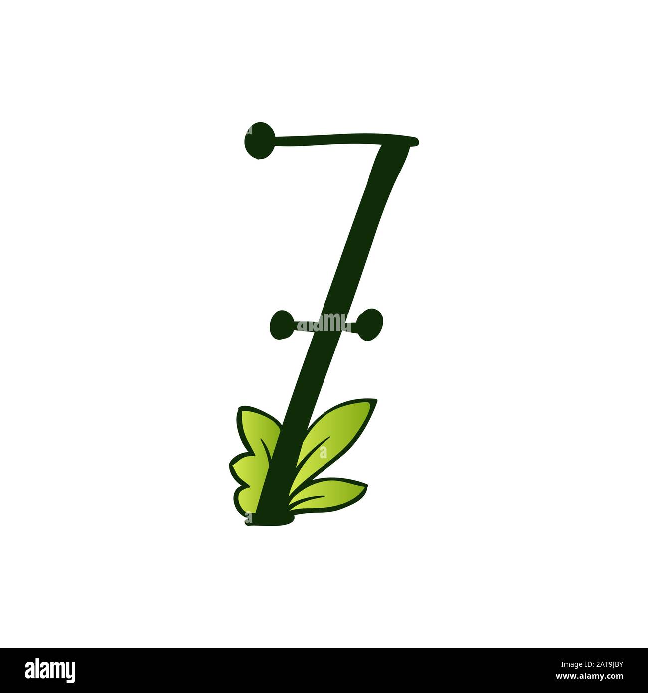 Green Doodling Eco Alphabet Numéro Sept Sign.Type Avec Feuilles. Majuscules Latines Isolées. Typographie caractères gras de la lettre de printemps ou de l'abc de Doodle pour Les Mots et le logo du monogramme. Illustration de Vecteur